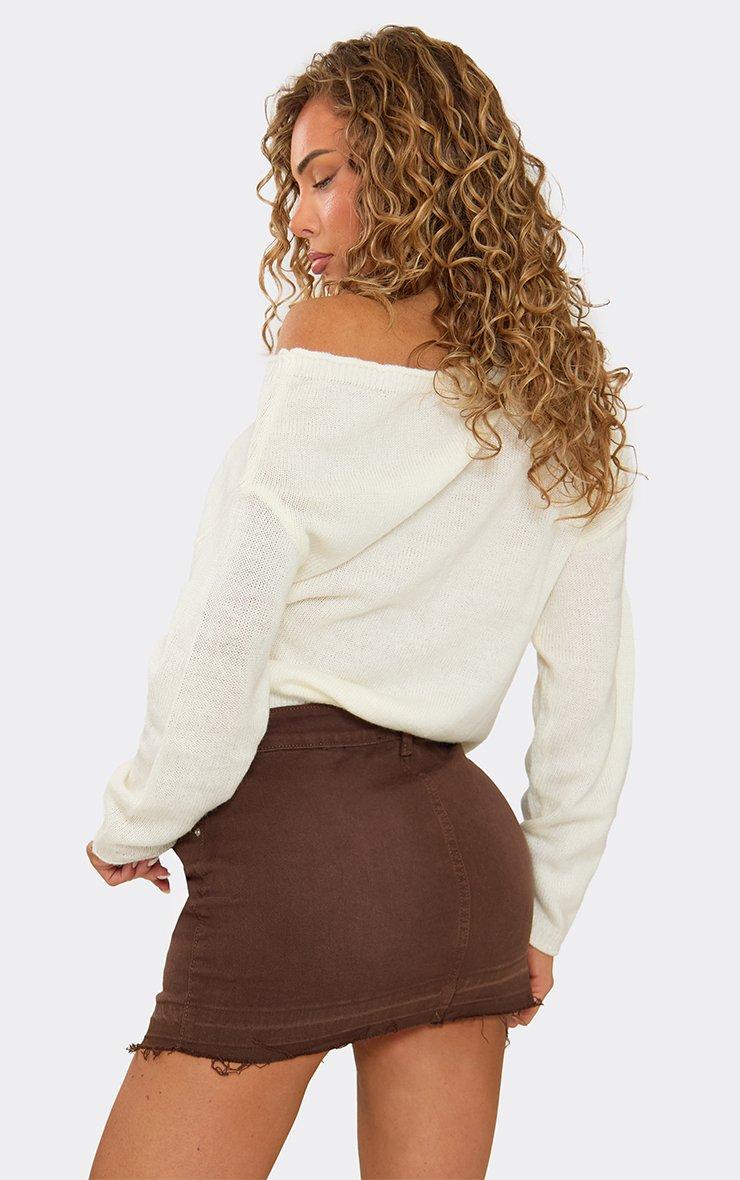 Low Rise Distressed Hem Detail Mini Skirt In Brown Denim.