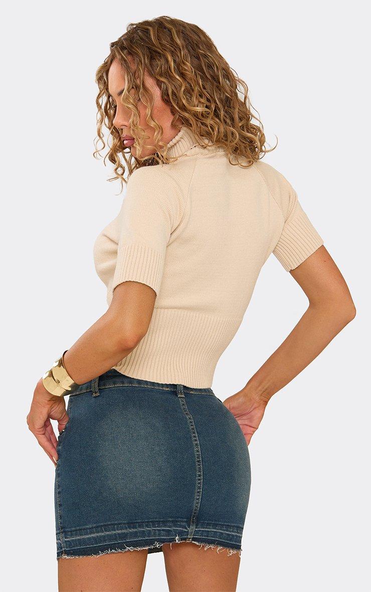 Low Rise Distressed Hem Detail Mini Skirt In Blue Denim.