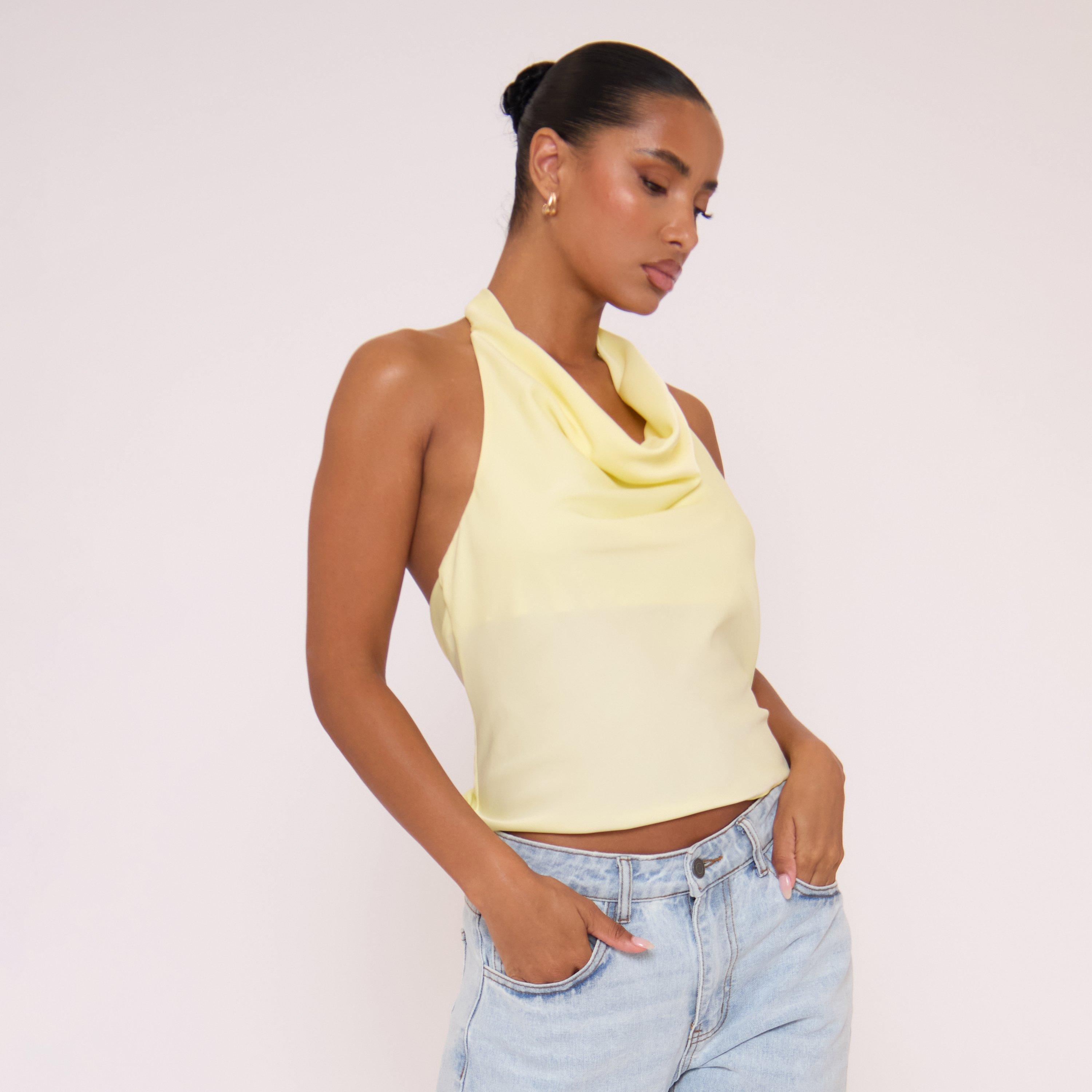 Sleeveless Cowl Neck Open Back Detail Top In Yellow, Women's Size UK 14