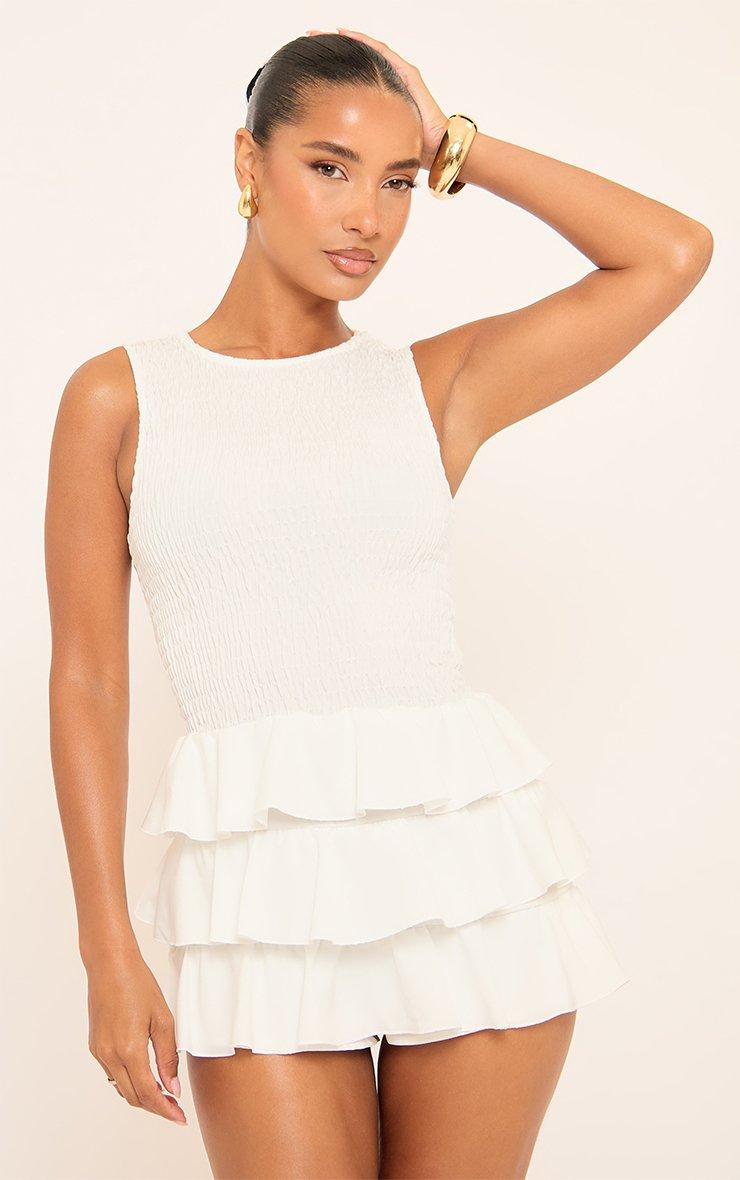 Sleeveless Shirred Layered Frill Detail Playsuit In White | EGO US | EGO