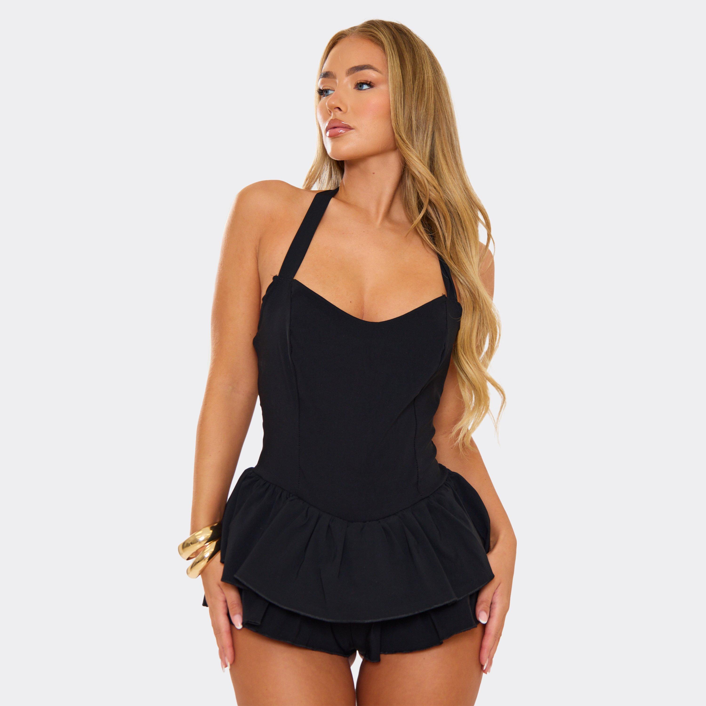 Halterneck Frill Hem Detail Playsuit In Black, Women’s