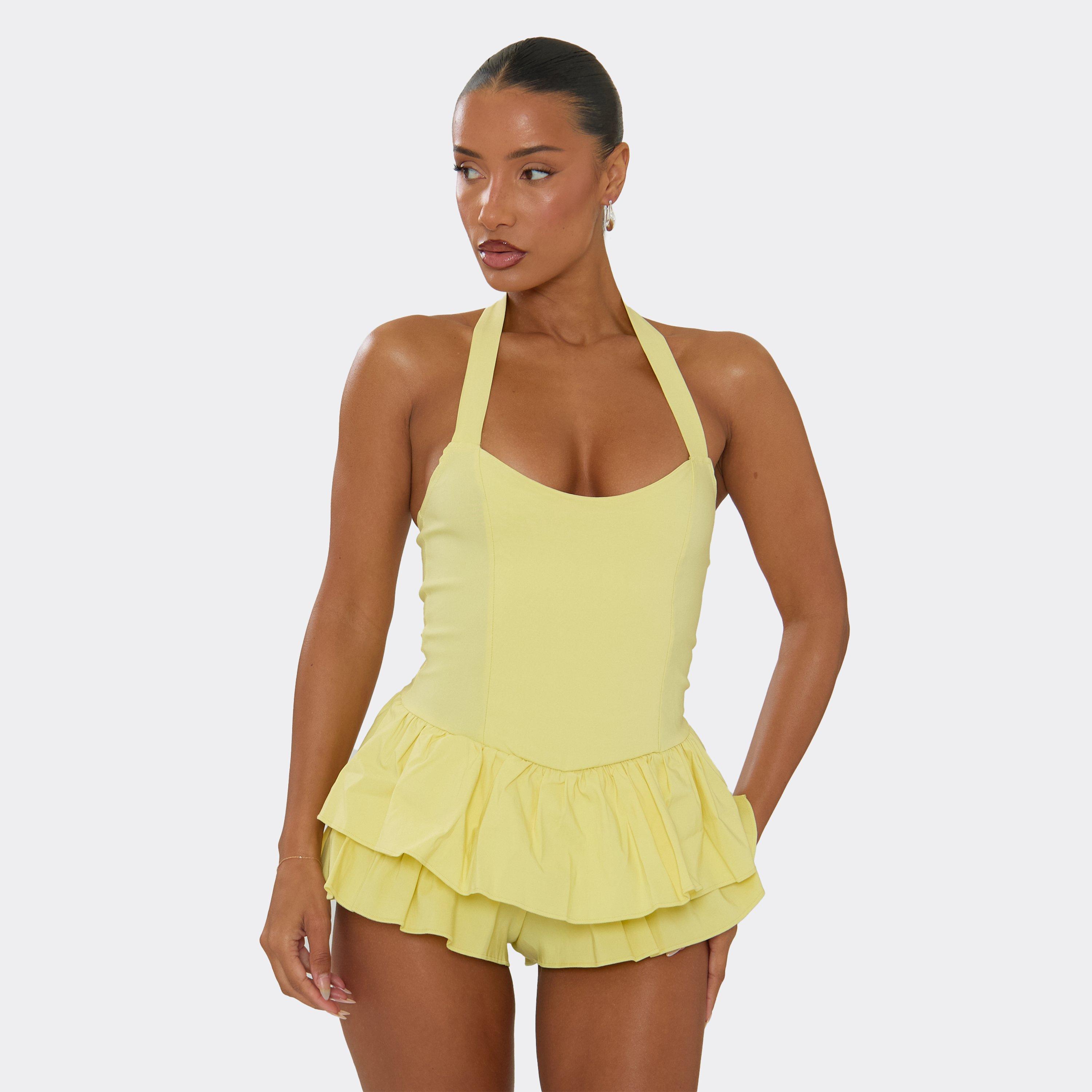 Image of Halterneck Frill Hem Playsuit In Lemon, Women's