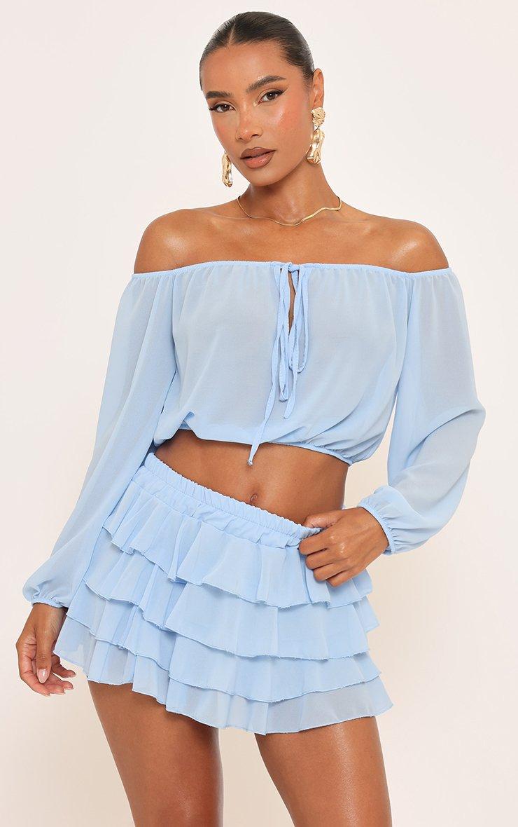 Long Sleeve Tie Front Bardot Top And Frill Detail Mini Skirt Co