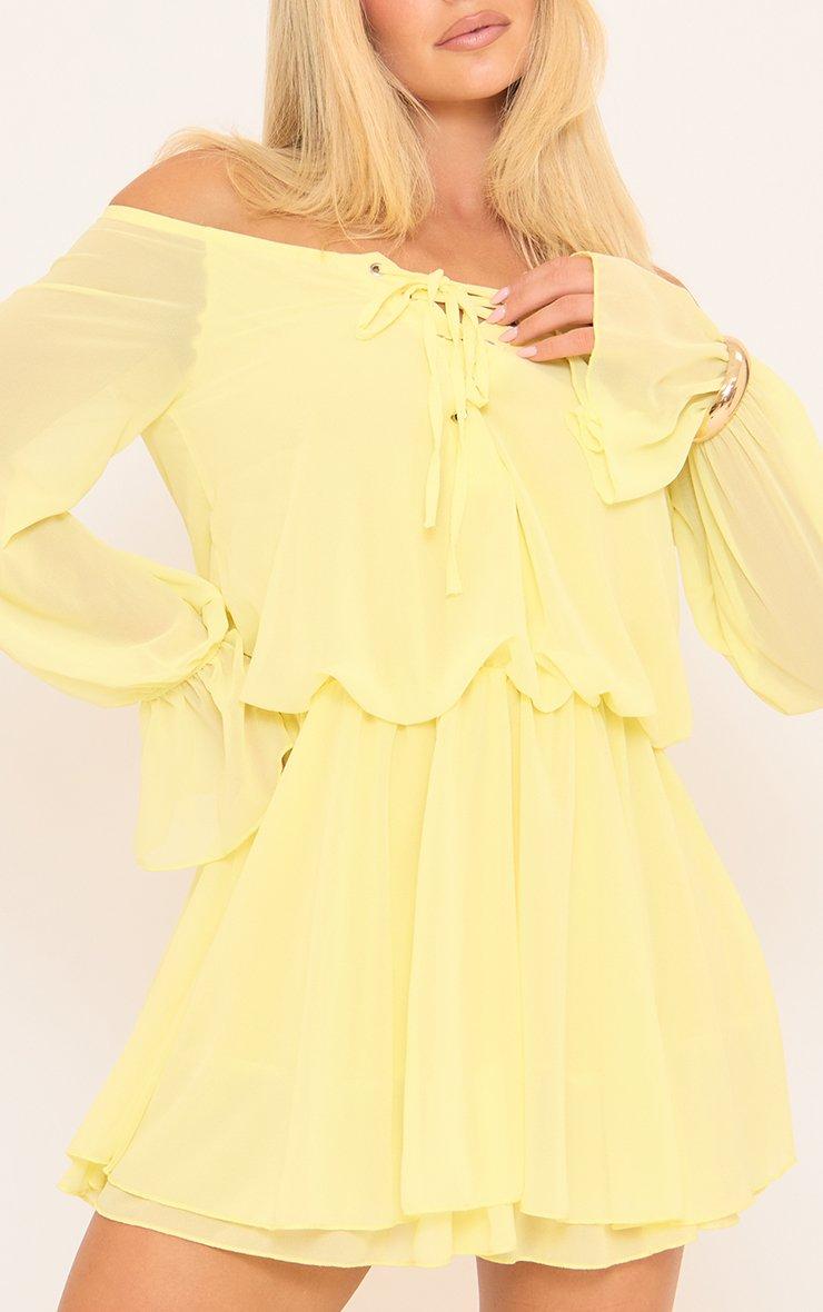 Long Sleeve Bardot Lace Up Front Frilled Mini Dress In Yellow Chiffon | EGO  US | EGO