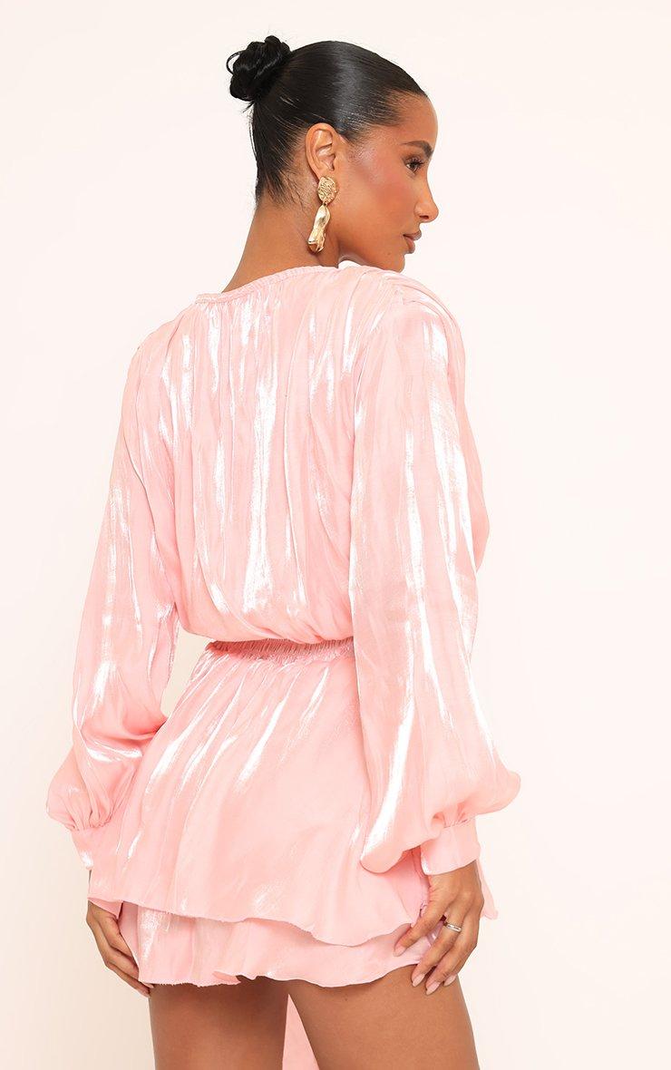 Long Sleeve Shoulder Pad Detail Tie Front Mini Dress In Pink | EGO UK | EGO