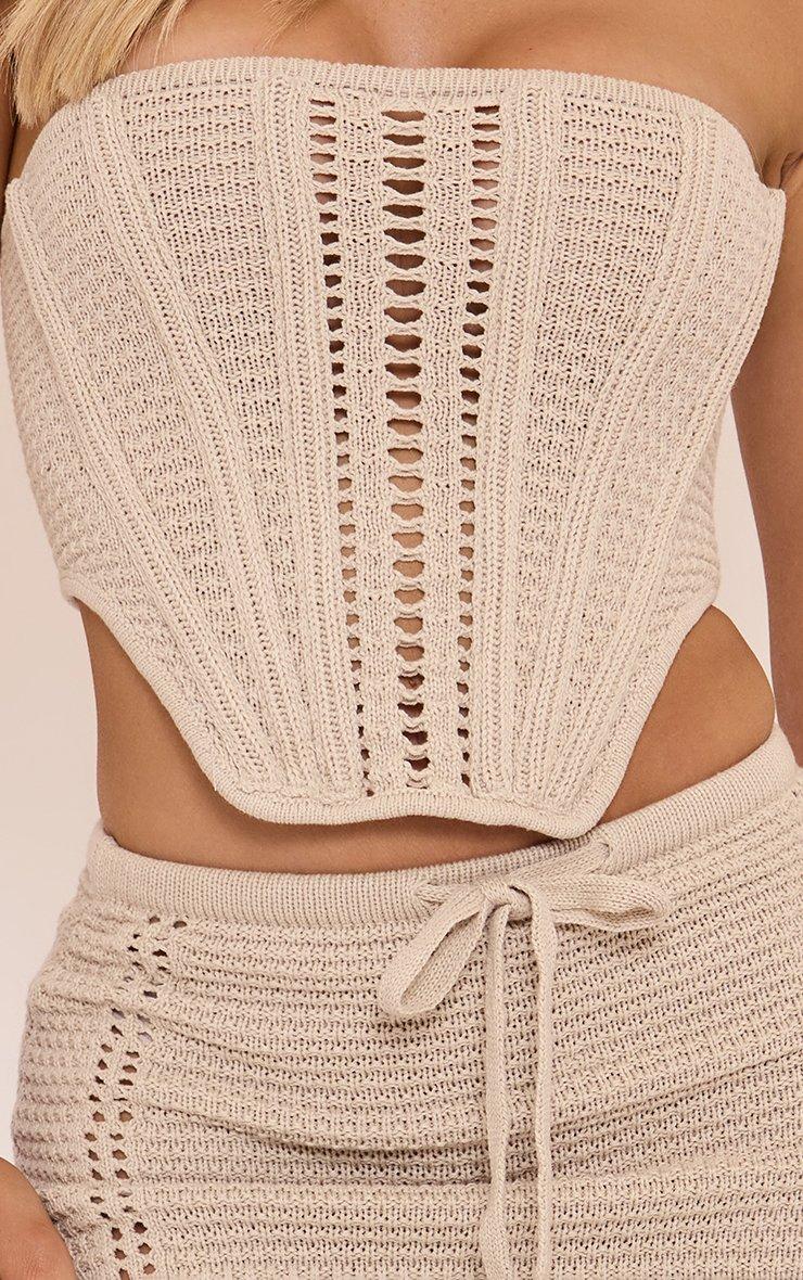 Bandeau Lace Up Back Boned Detail Corset Top In Stone Crochet Knit