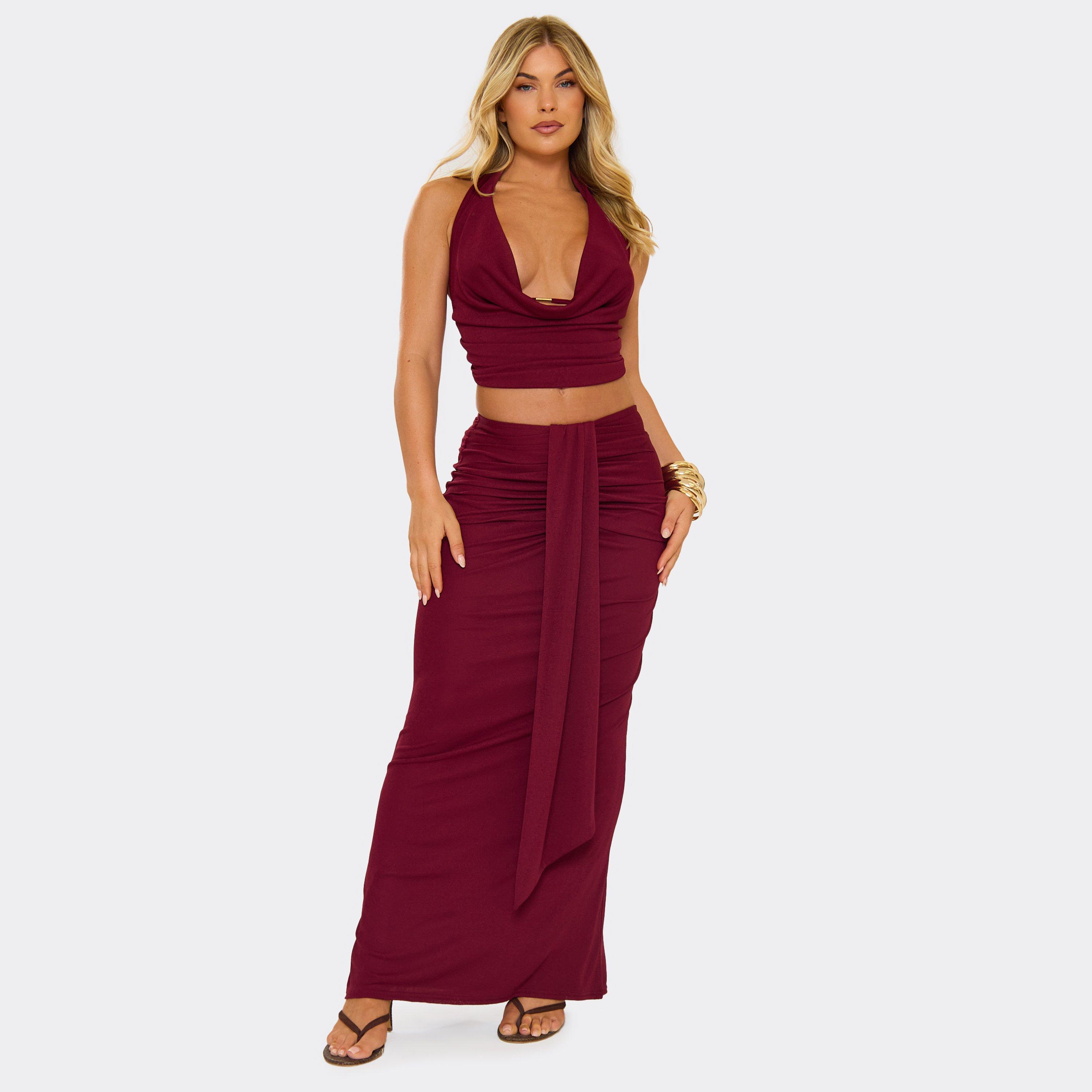 Low Waist Drape Front Maxi Skirt In Burgundy, Women’s