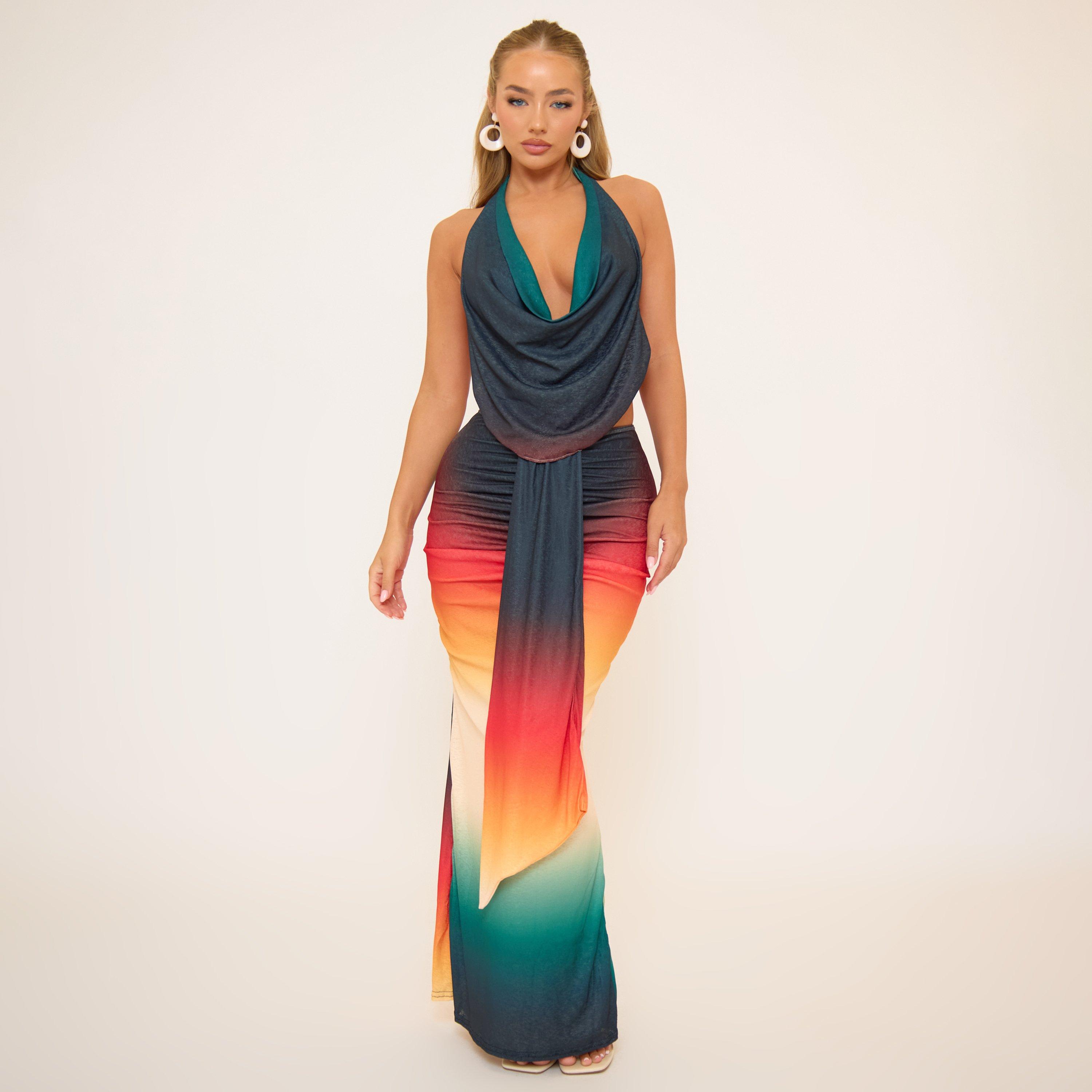 Low Waist Drape Front Detail Maxi Skirt In Multi Print Mesh, Women's Size UK 6