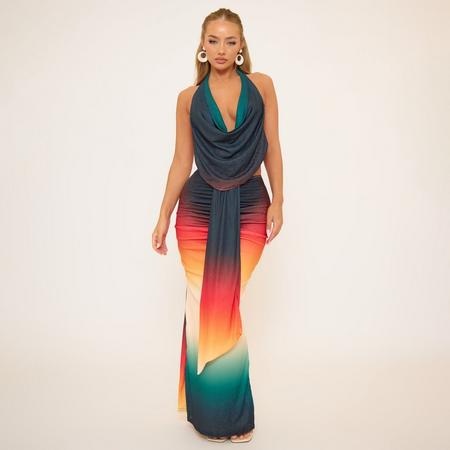 Low Waist Drape Front Detail Maxi Skirt In Multi Print Mesh, Women's Size US