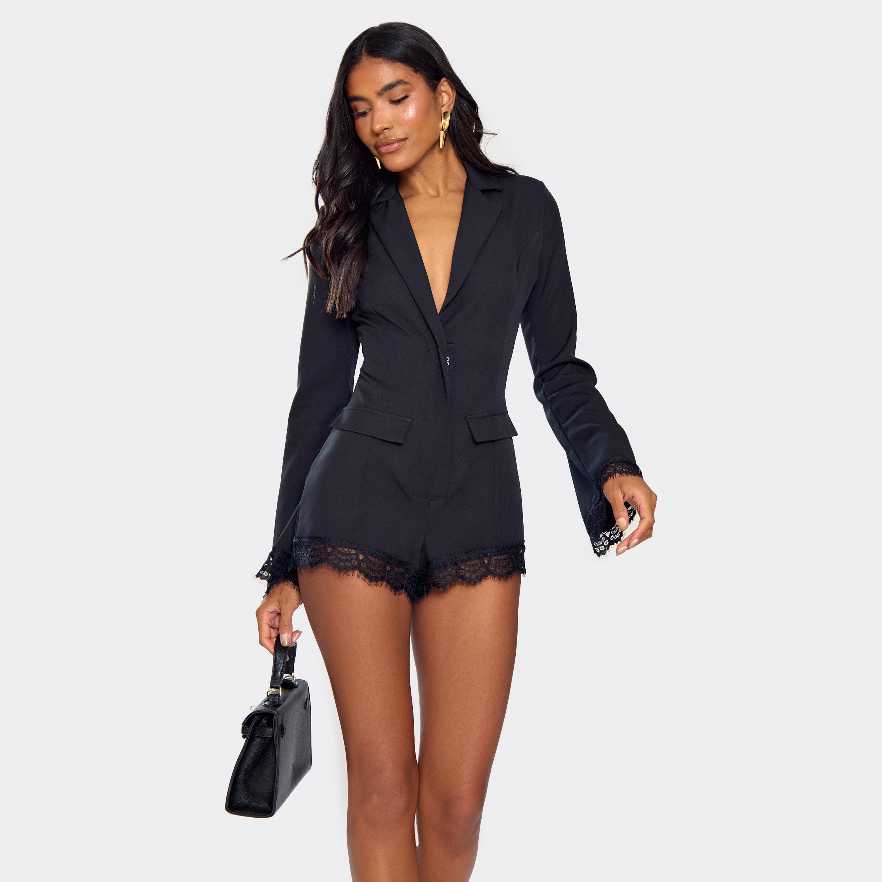 Image of Long Sleeve Lace Trim Detail Blazer Playsuit In Black, Women's