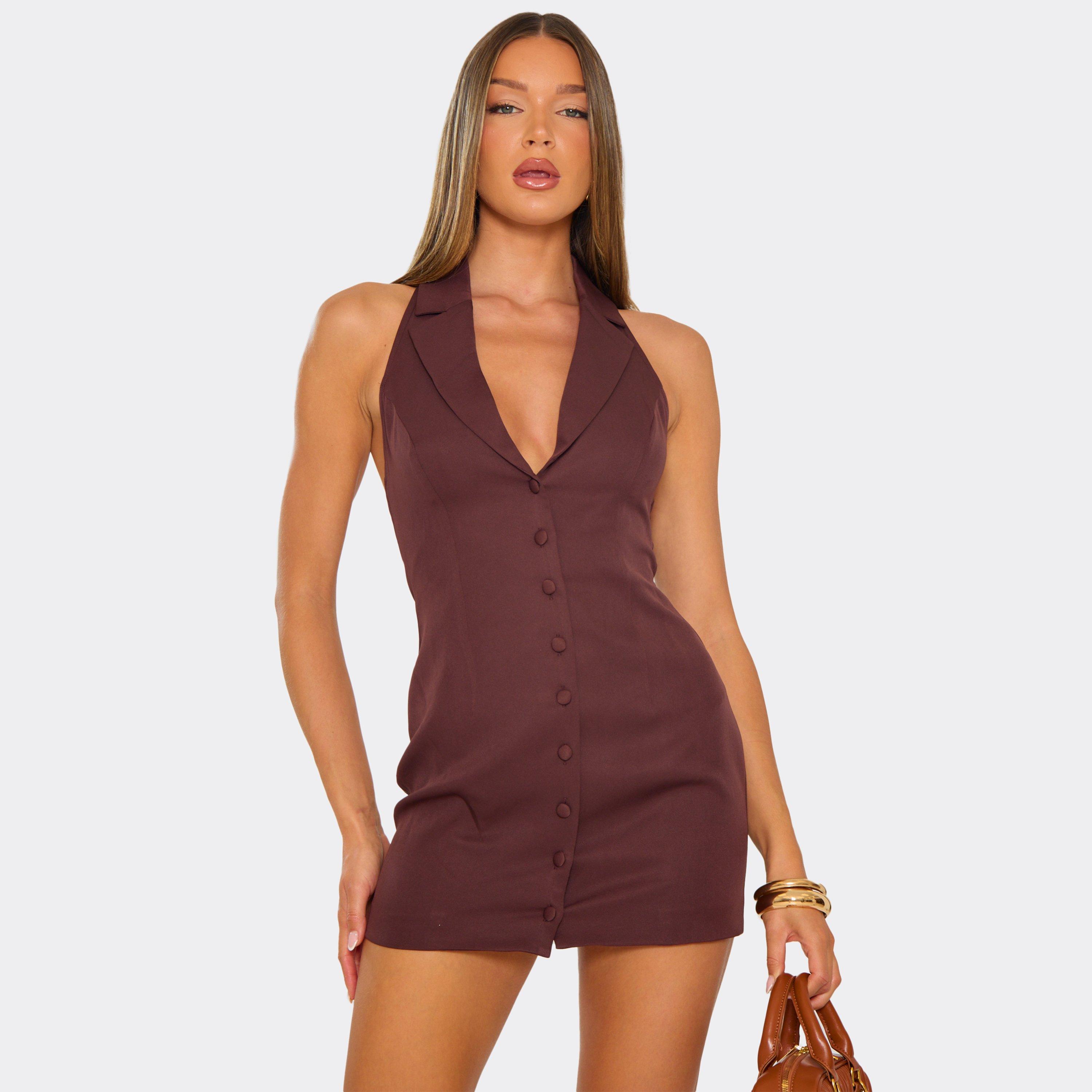 Sleeveless Plunge Halterneck Tailored Mini Dress In Chocolate Brown, Women’s