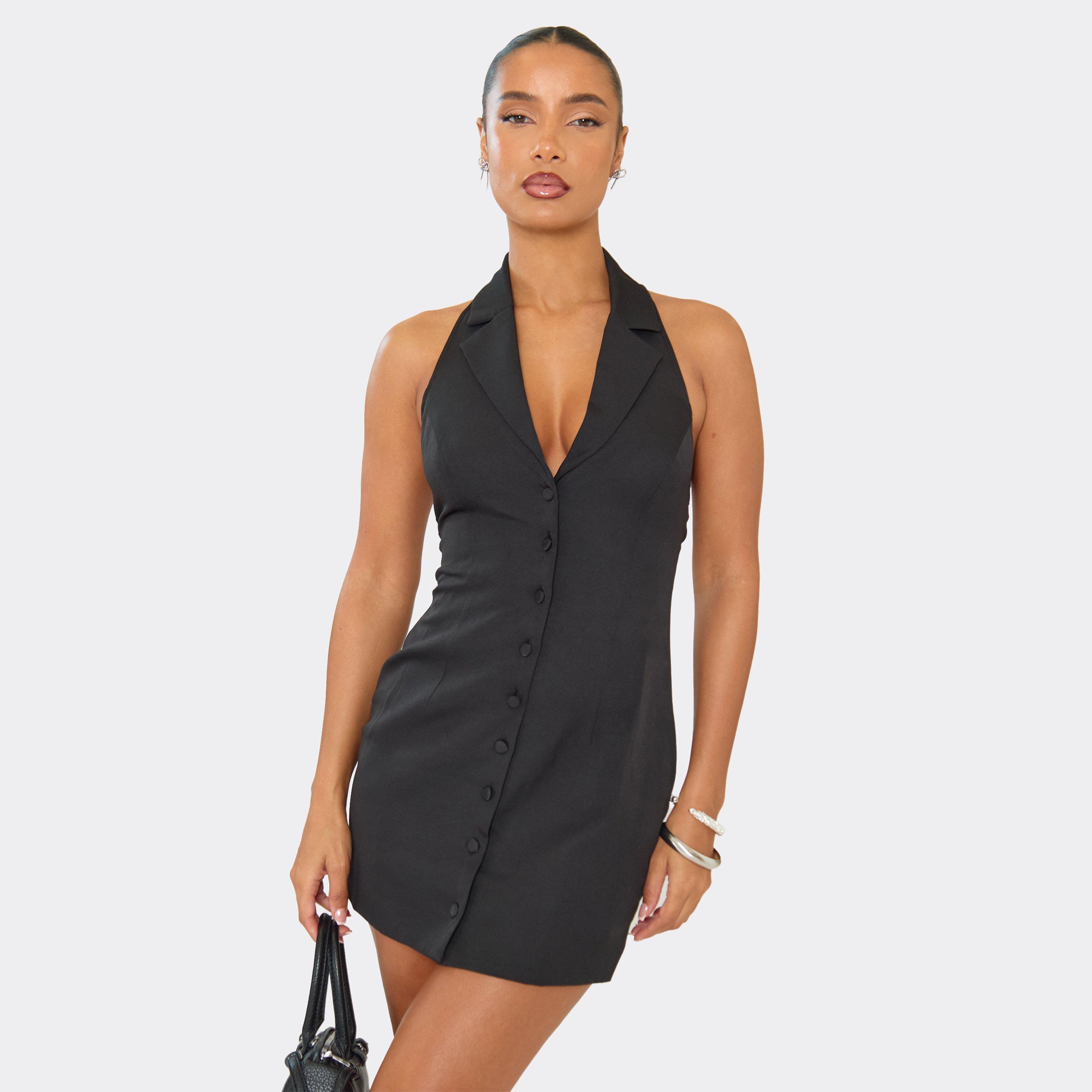 Plunge Halterneck Tailored Mini Dress In Black, Women’s