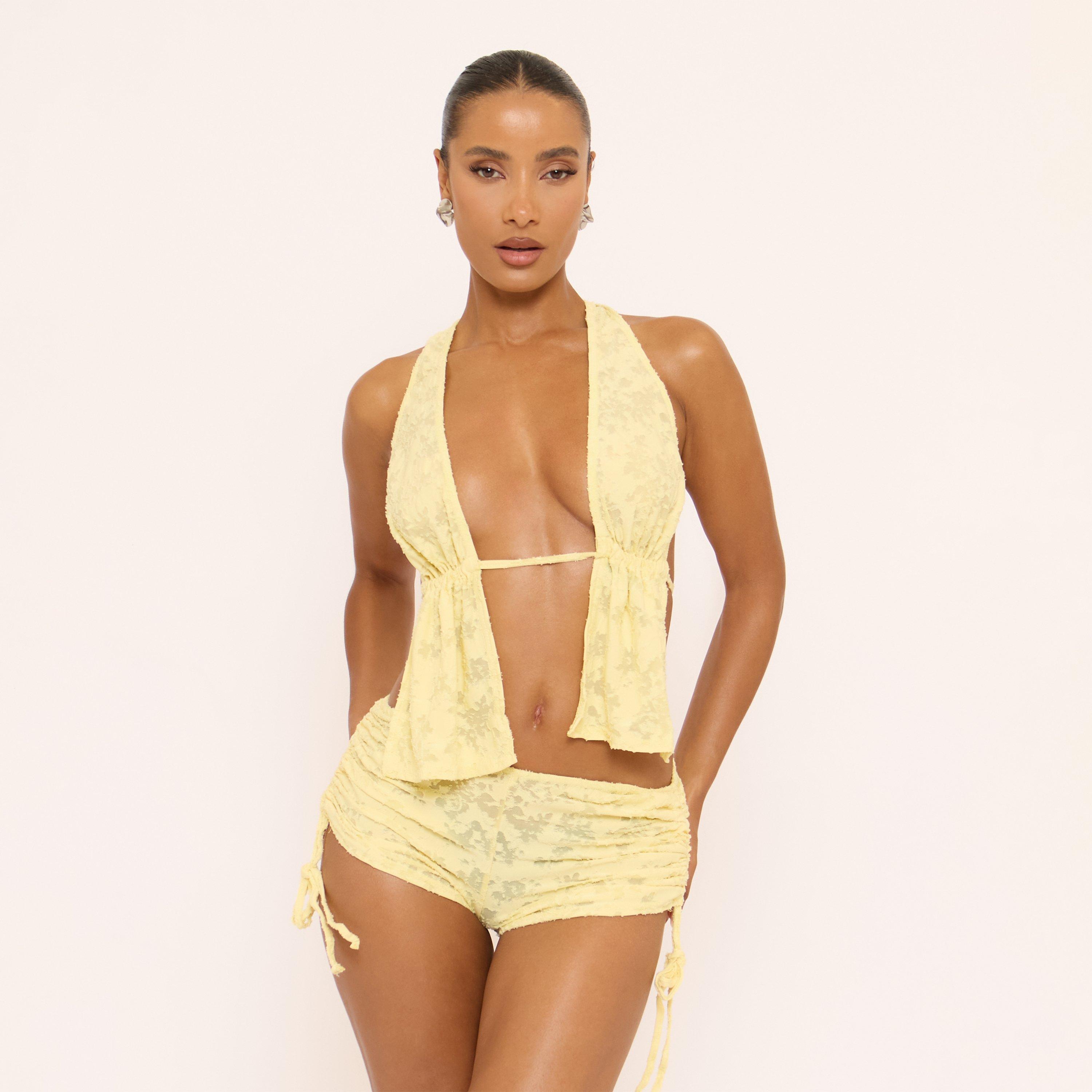 Halterneck Tie Back Detail Top In Yellow Texture, Women's Size UK 16