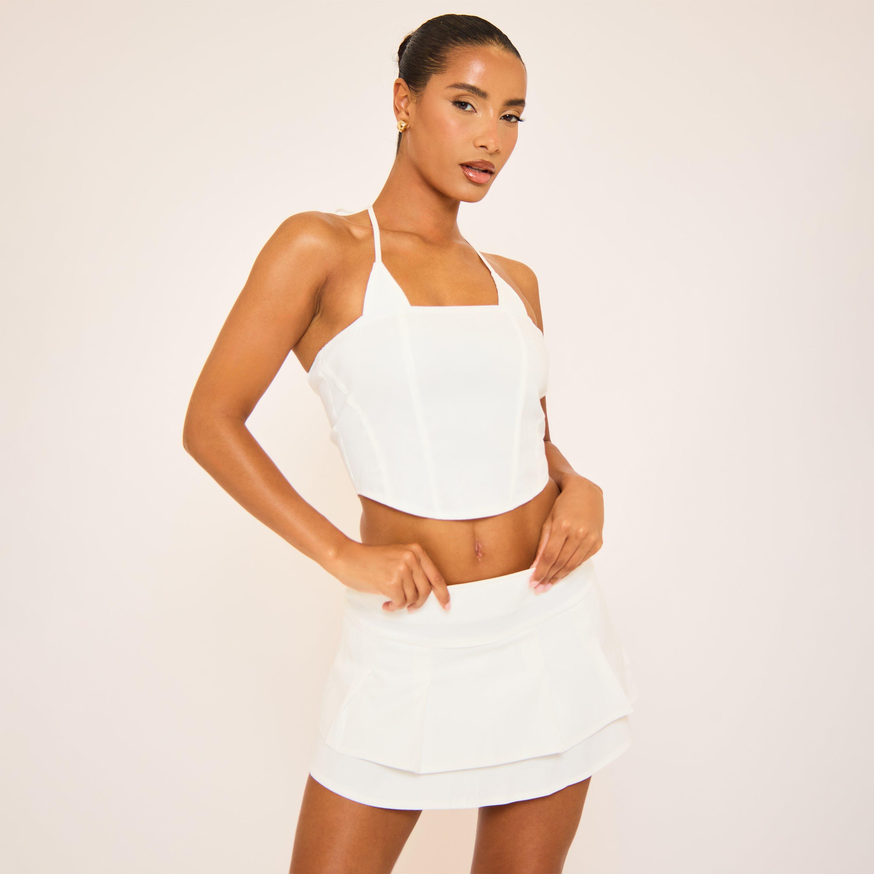 Halterneck Lace Up Back Detail Corset Top In Cream, Women’s