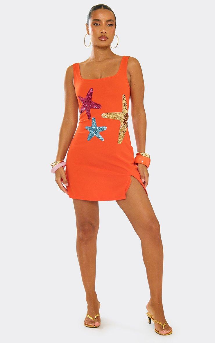 Sleeveless Starfish Print Detail Mini Dress In Orange | EGO US | EGO