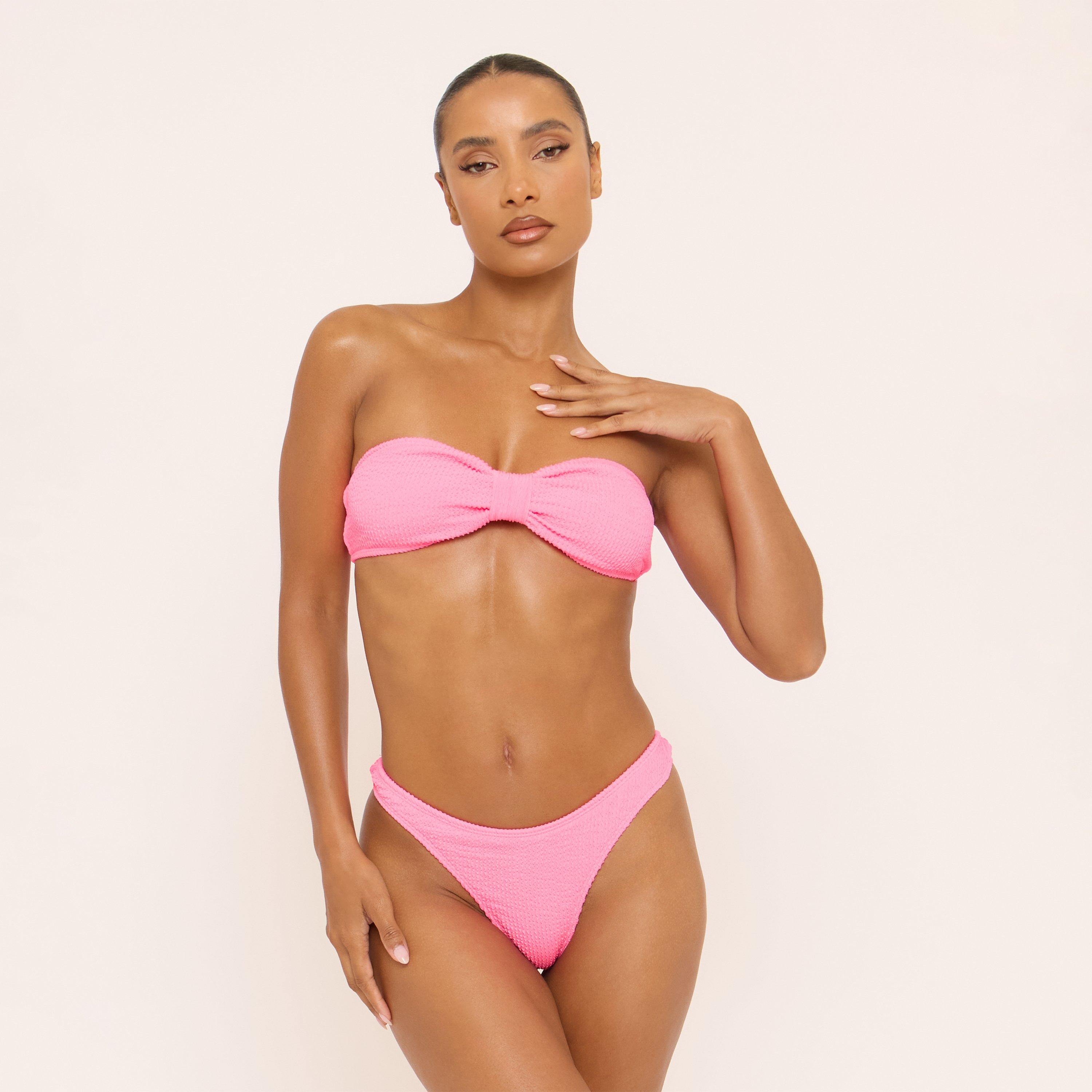 Mid Rise Ruched Thong Bikini Bottoms In Pink Crinkle, Women's Size UK 14