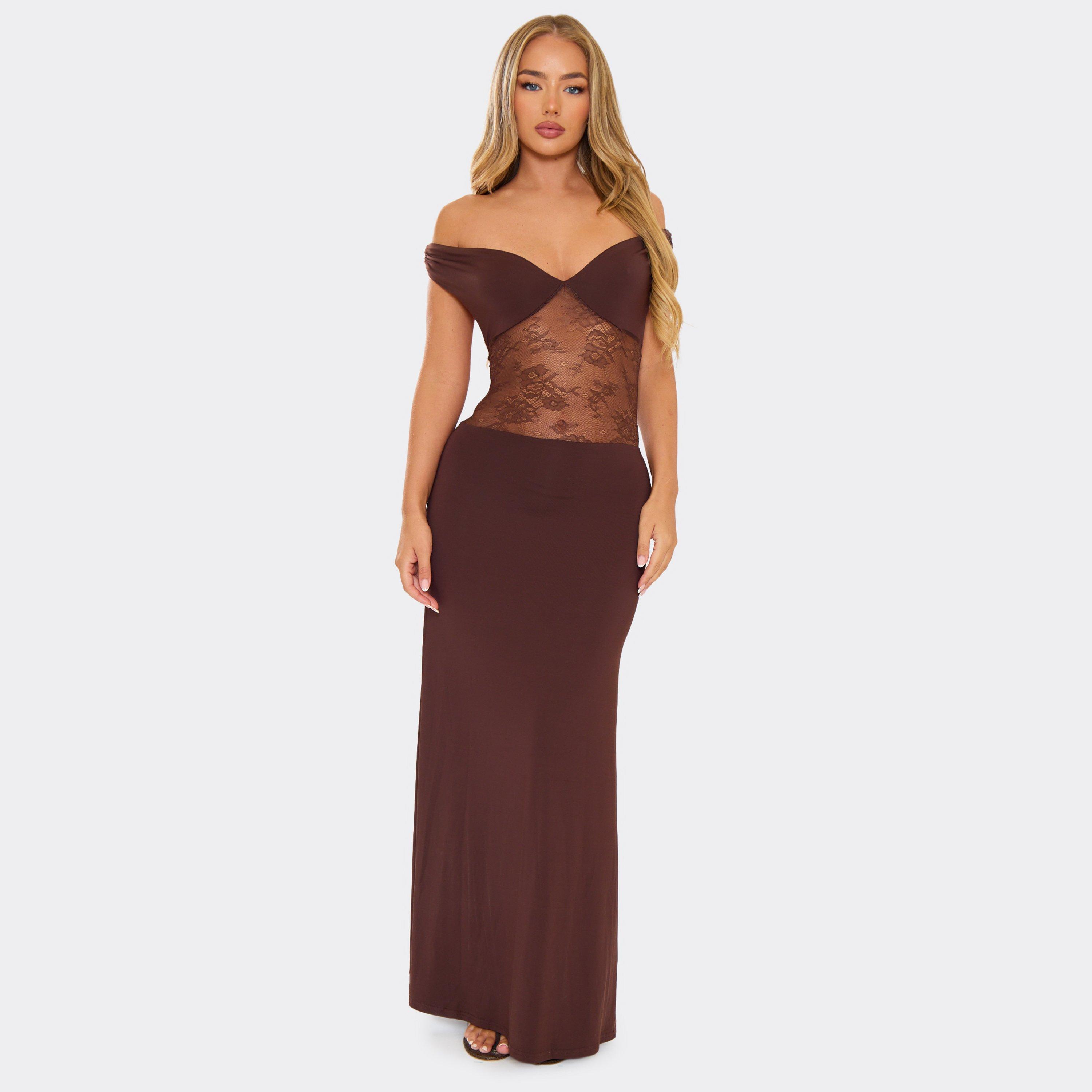 Off The Shoulder Contrast Lace Panel Maxi Dress In Brown, Women's Size UK 10