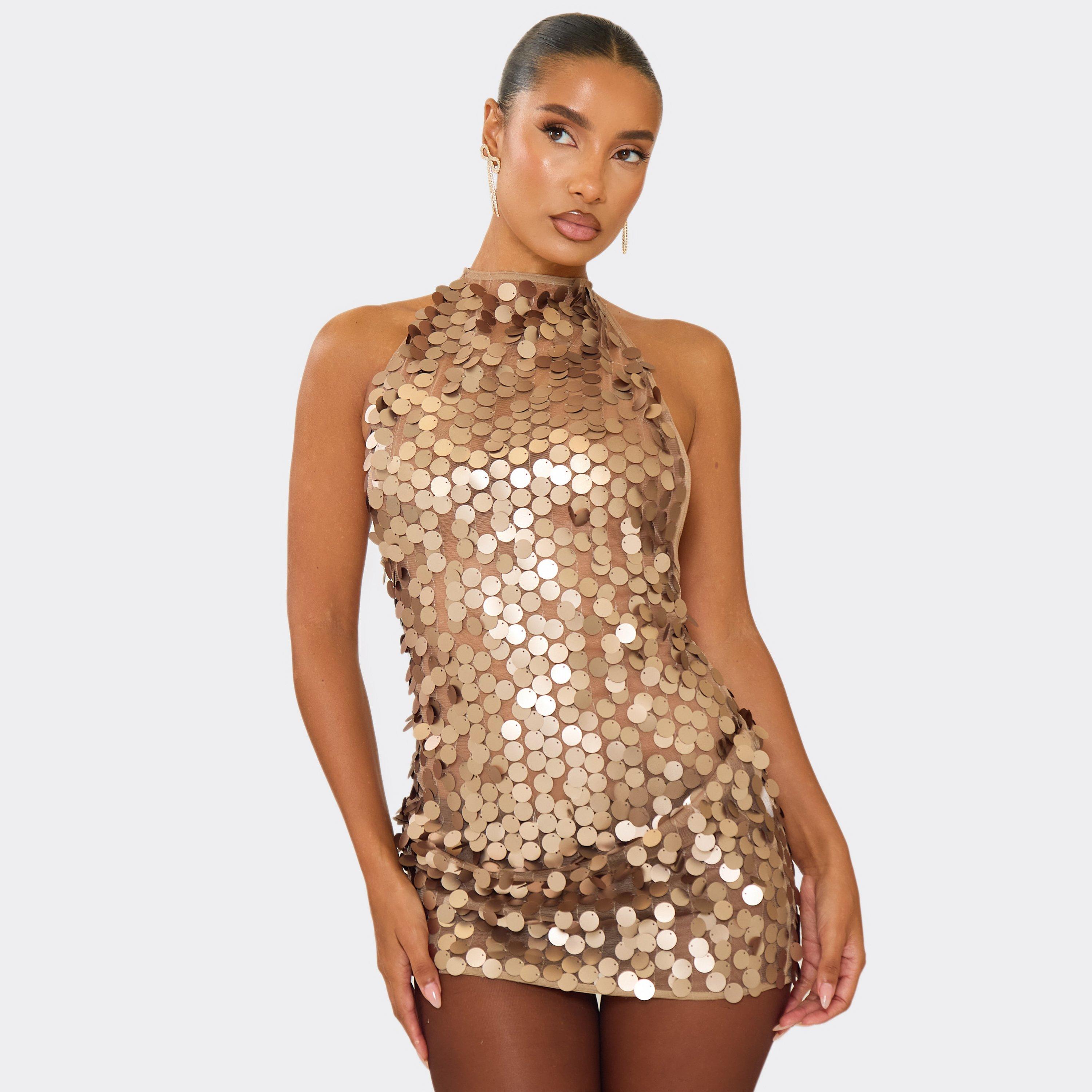Halterneck Low Back Detail Mini Dress In Bronze Sequin, Women’s