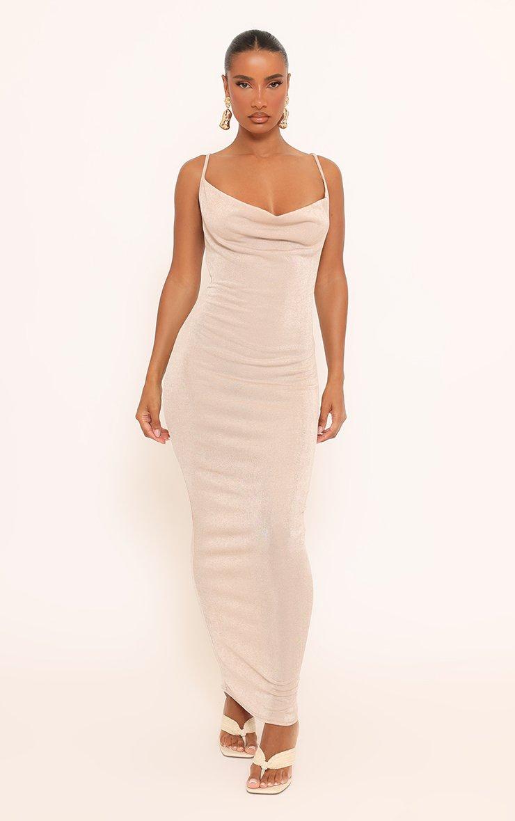 white christmas dresses Champagne Bodycon Cowl Neck Jersey Maxi Dress – IRHAZ