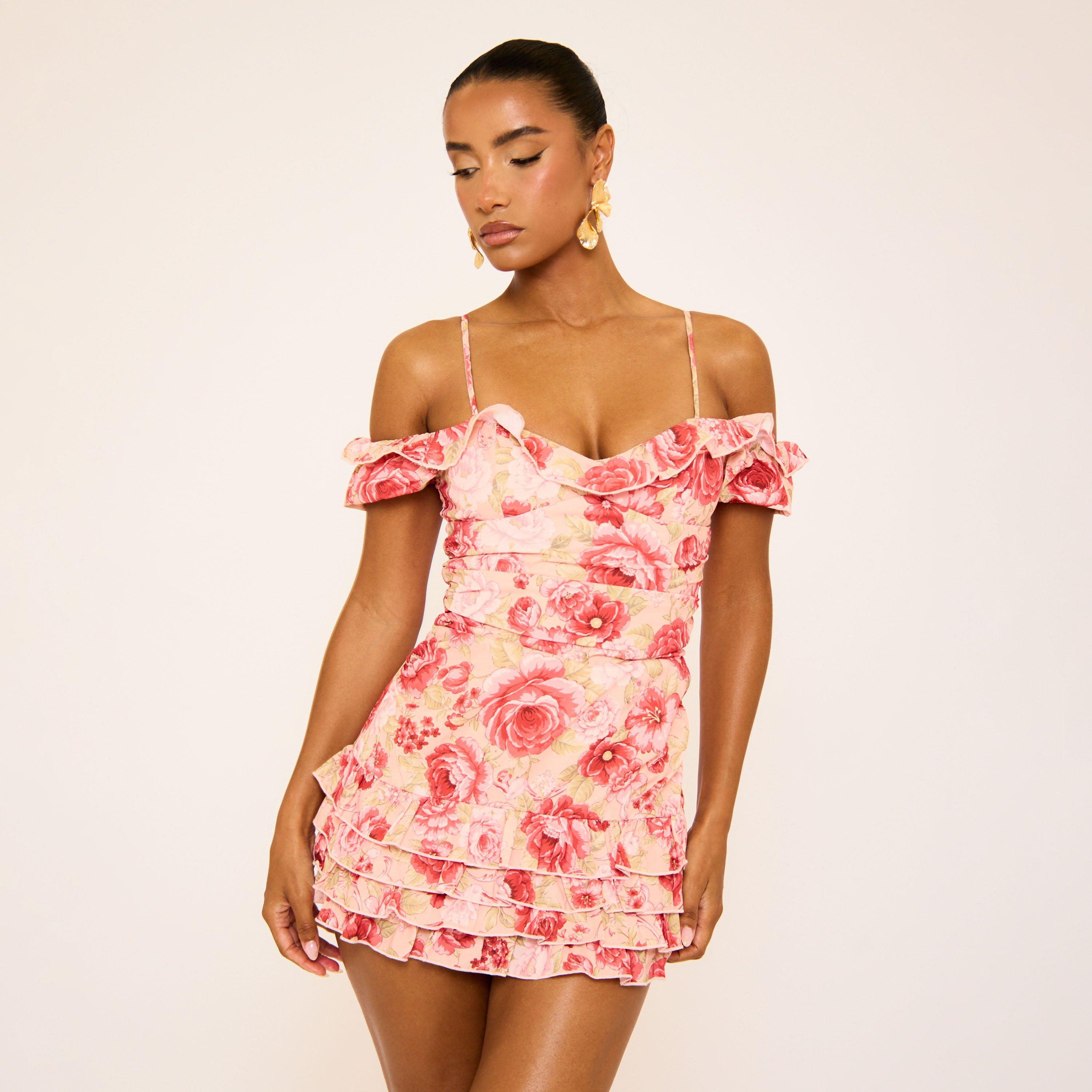 Off The Shoulder Bardot Frill Hem Playsuit In Pink Floral, Women's Size UK 6