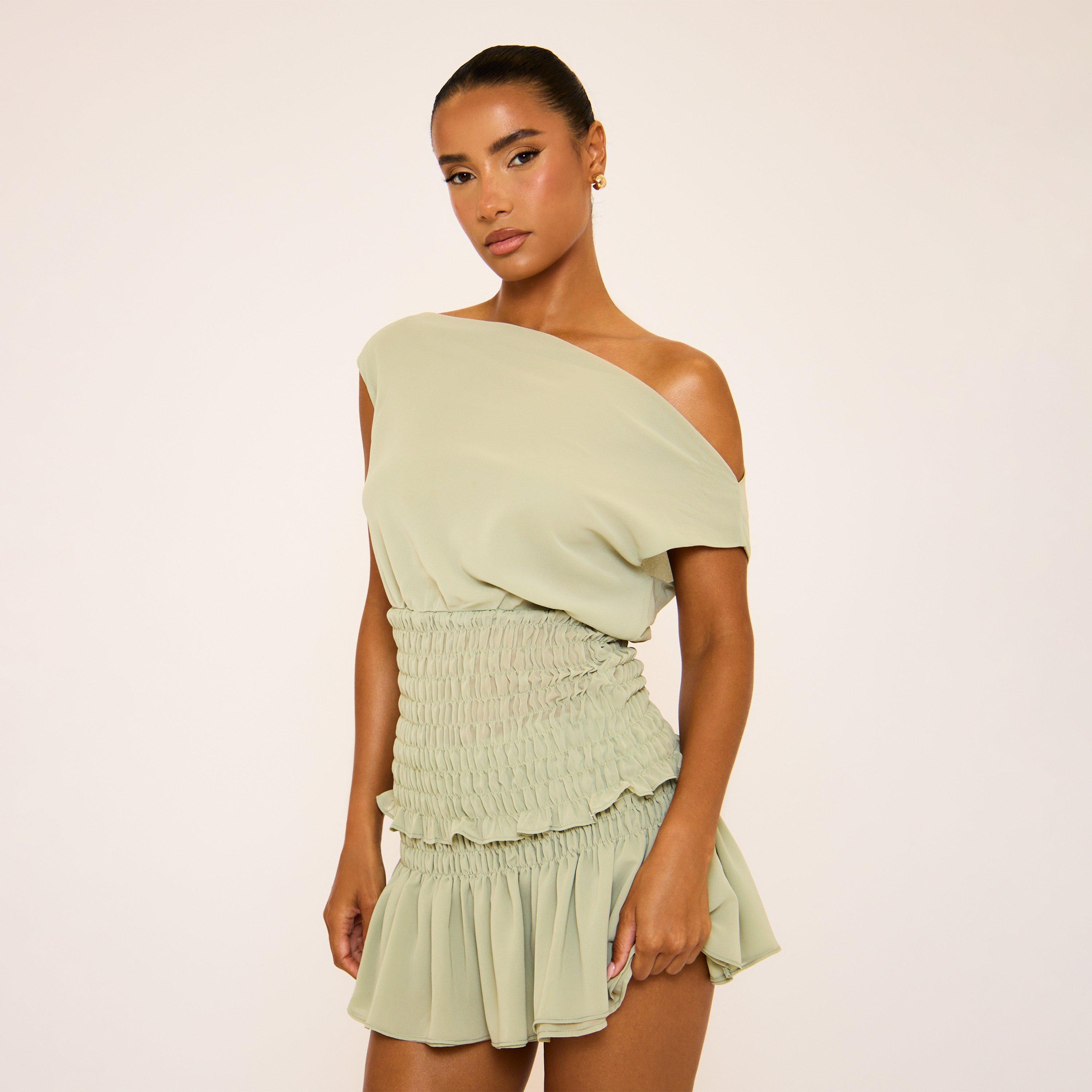 Image of Off The Shoulder Shirred Waist Detail Asymmetric Top In Khaki Green, Women's