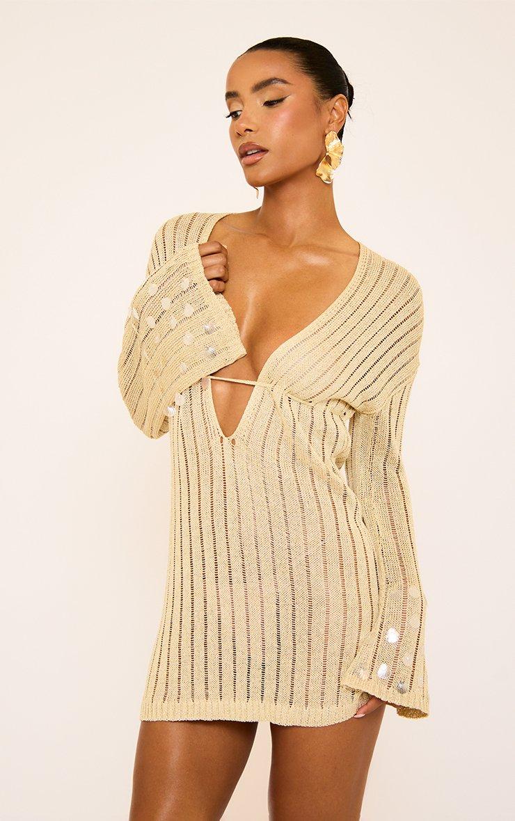 glitter knit dress LIGHT GOLD SPARKLY MAXI | CULT MIA ready brief Long sleeves with a close Long Sleeve Plunge Front Shell