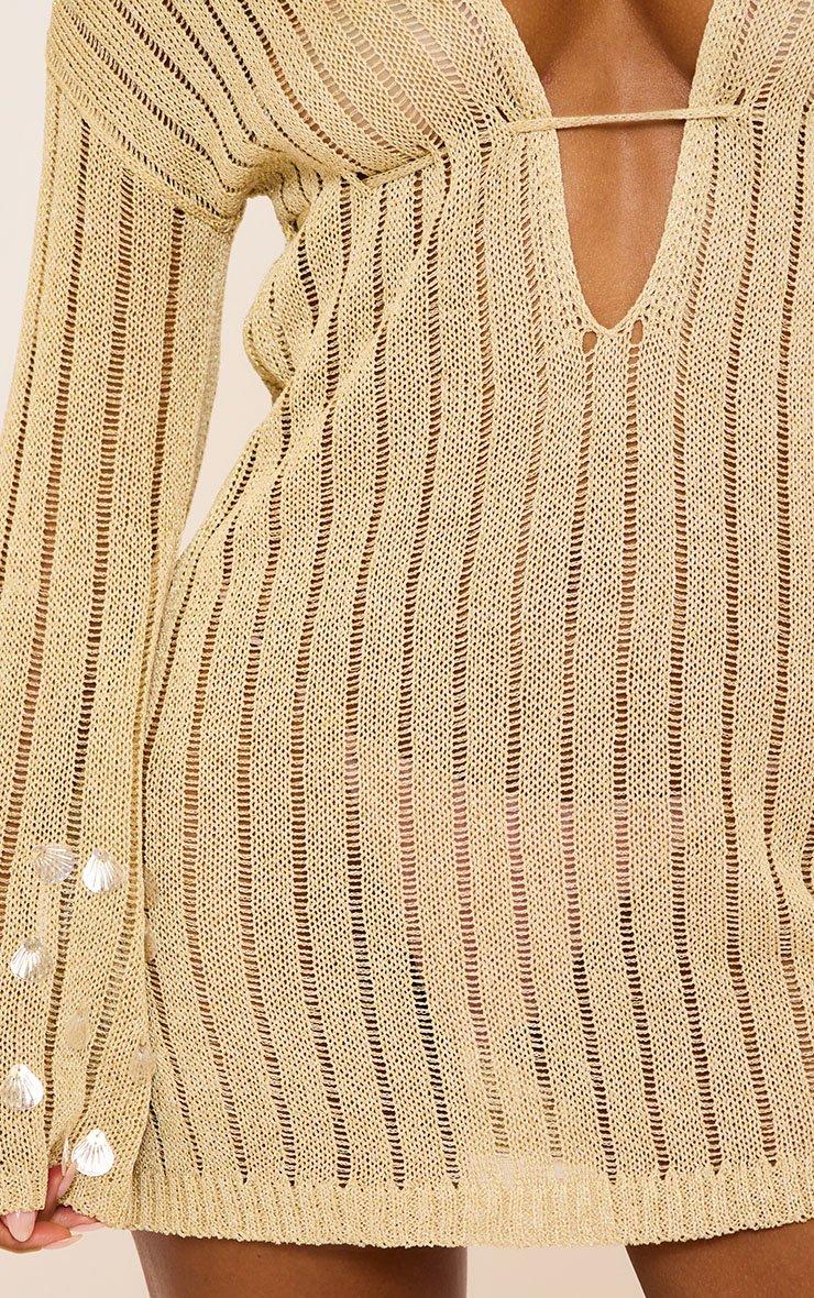 Long Sleeve Plunge Front Shell Sequin Detail Mini Dress In Gold