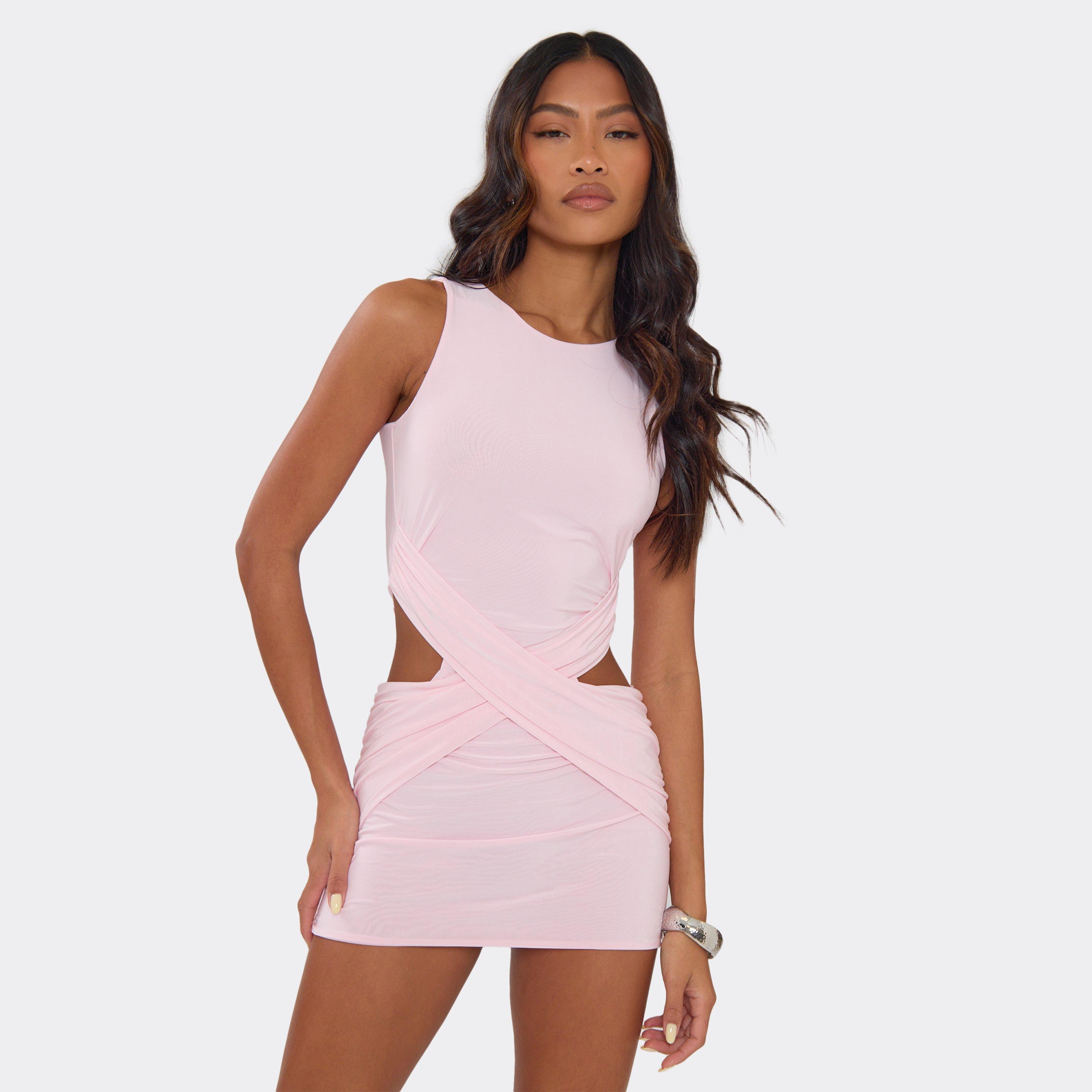 Sleeveless Twisted Front Cut Out Side Mini Dress In Baby Pink, Women’s