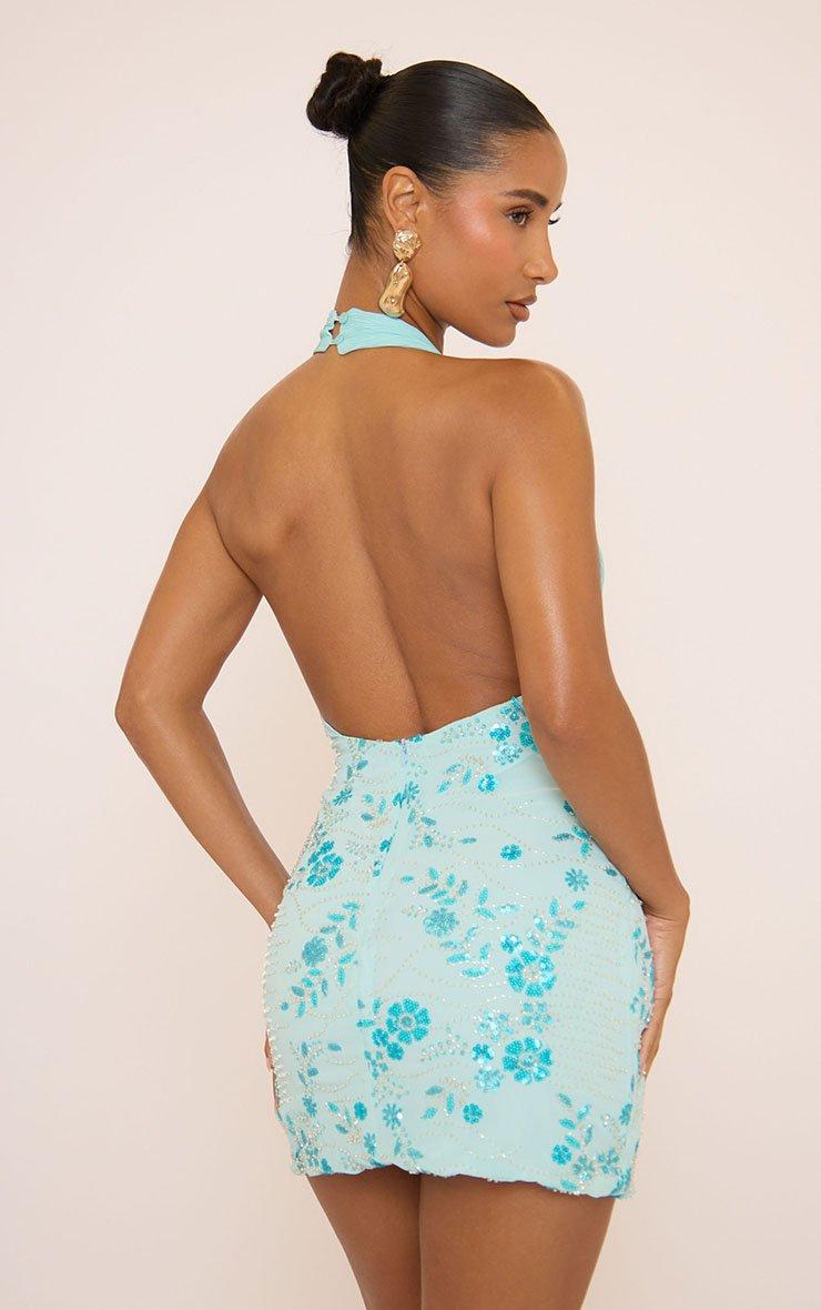 Halterneck Embellished Mini Dress In Blue Floral | EGO UK | EGO