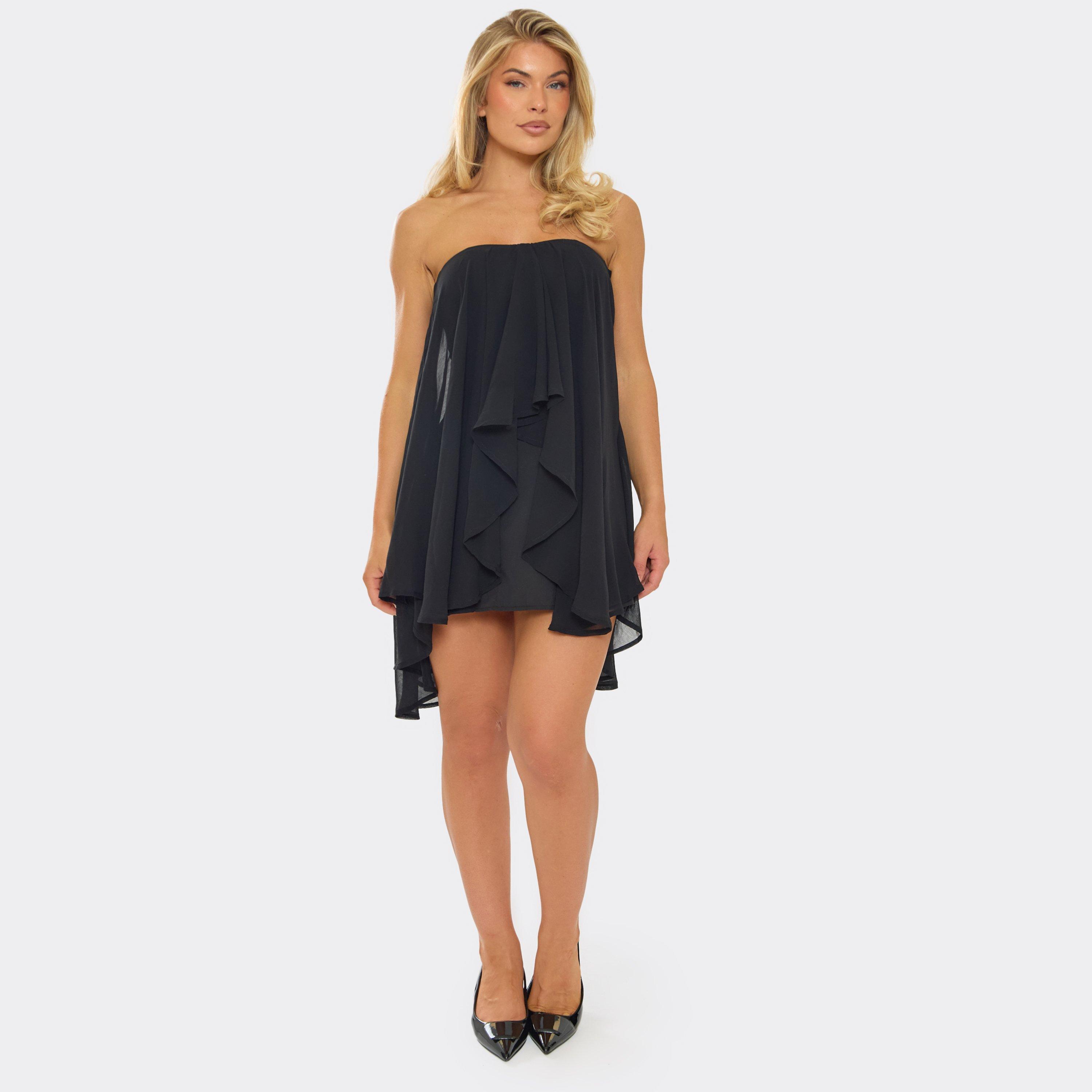 Bandeau Draped Frill Detail Floaty Mini Dress In Black, Women's Size UK M