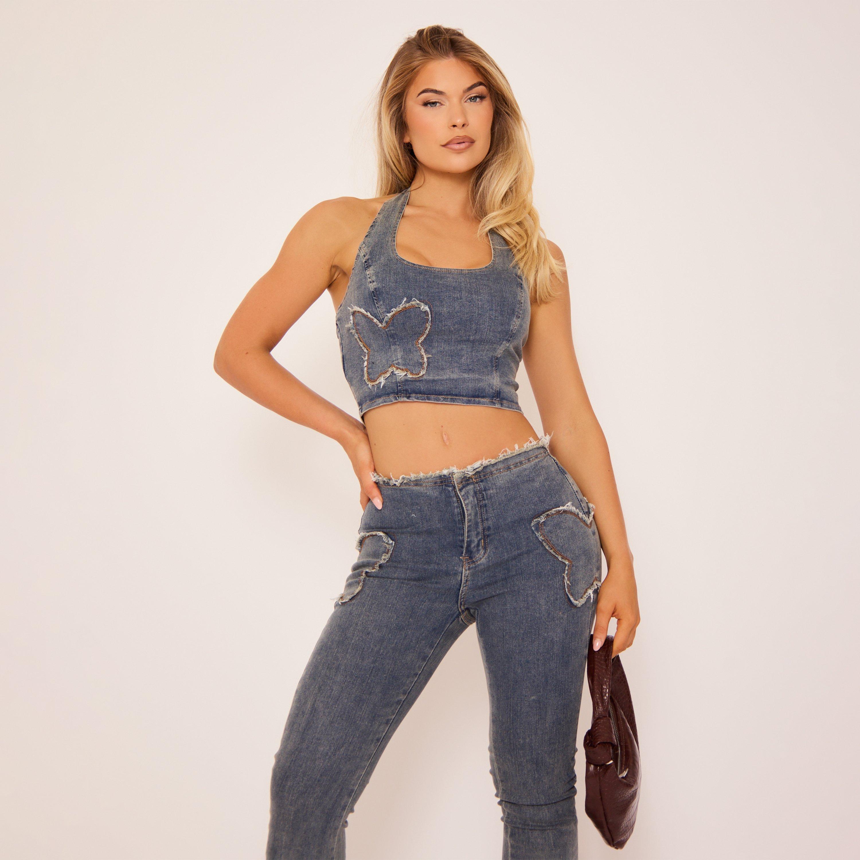 Image of Halterneck Butterfly Applique Detail Top In Blue Denim, Women's