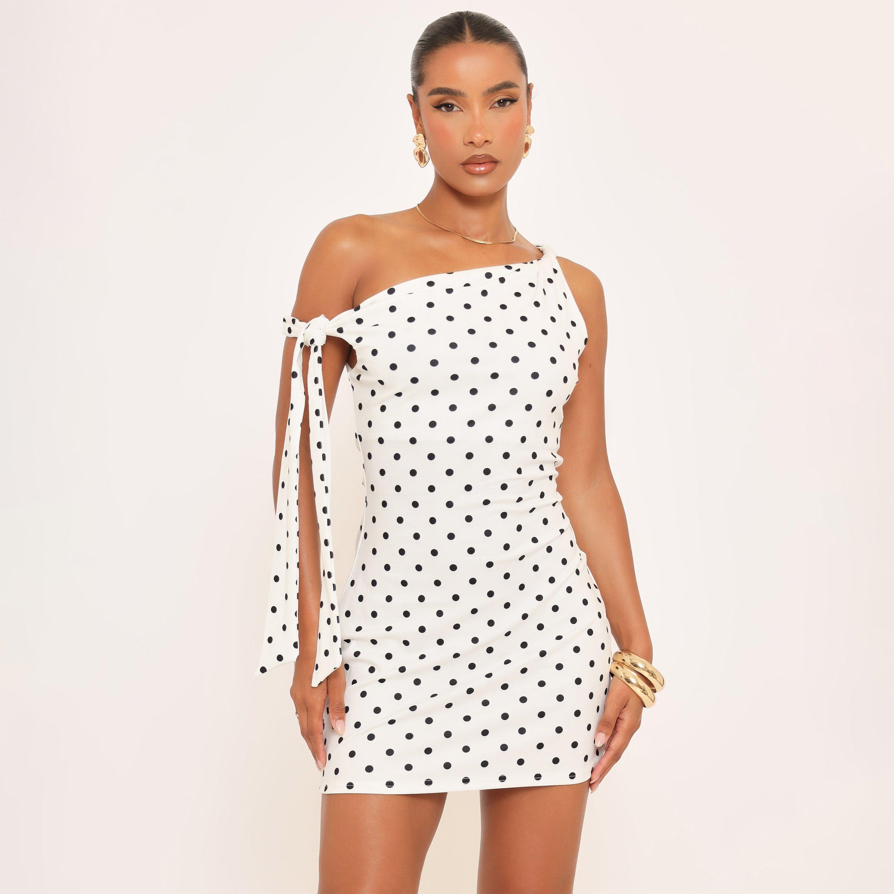 Off The Shoulder Tie Detail Asymmetric Mini Dress In White Polka Dot, Women’s