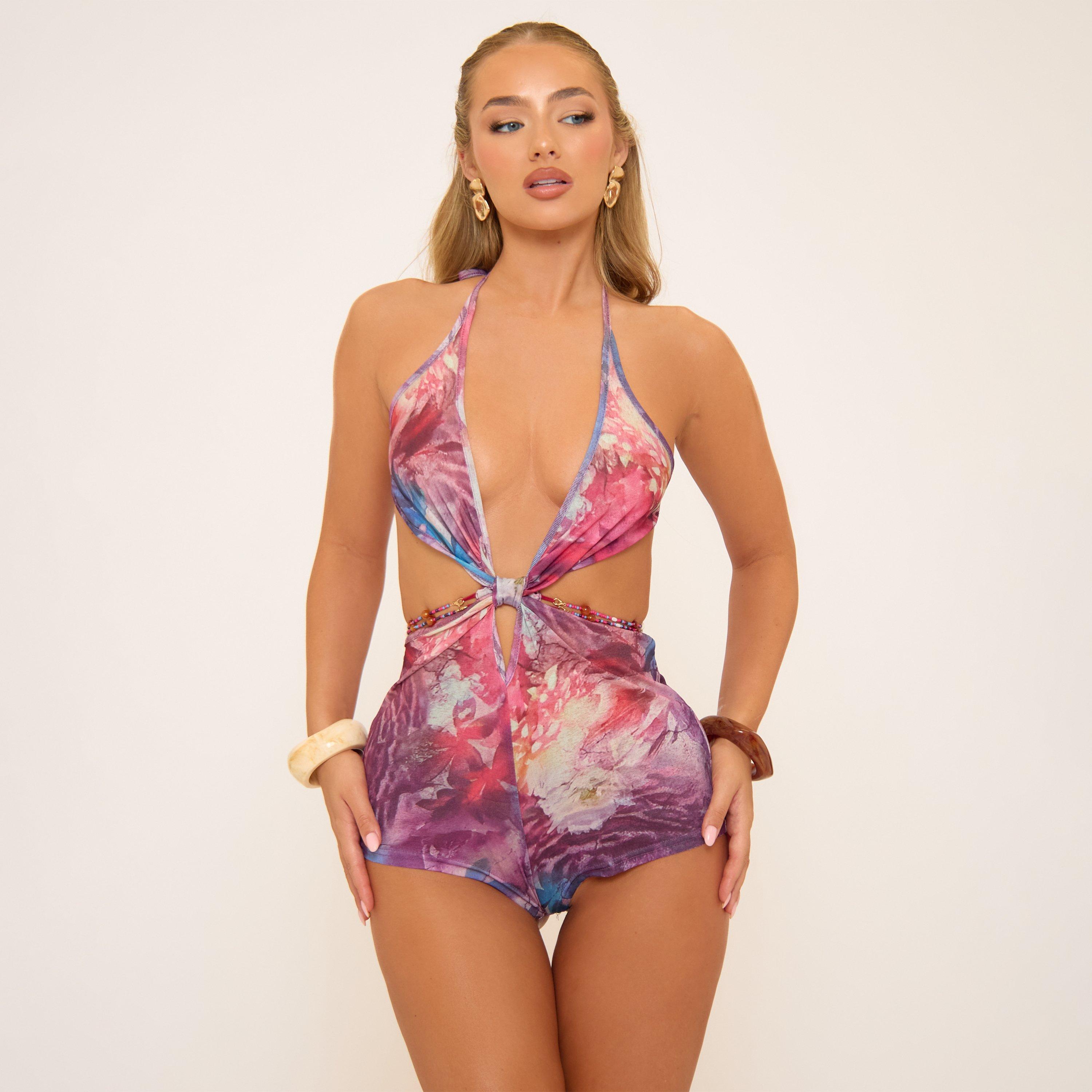 Halterneck Cut Out Bead Detail Playsuit In Multi Printed, Women's Size UK 10