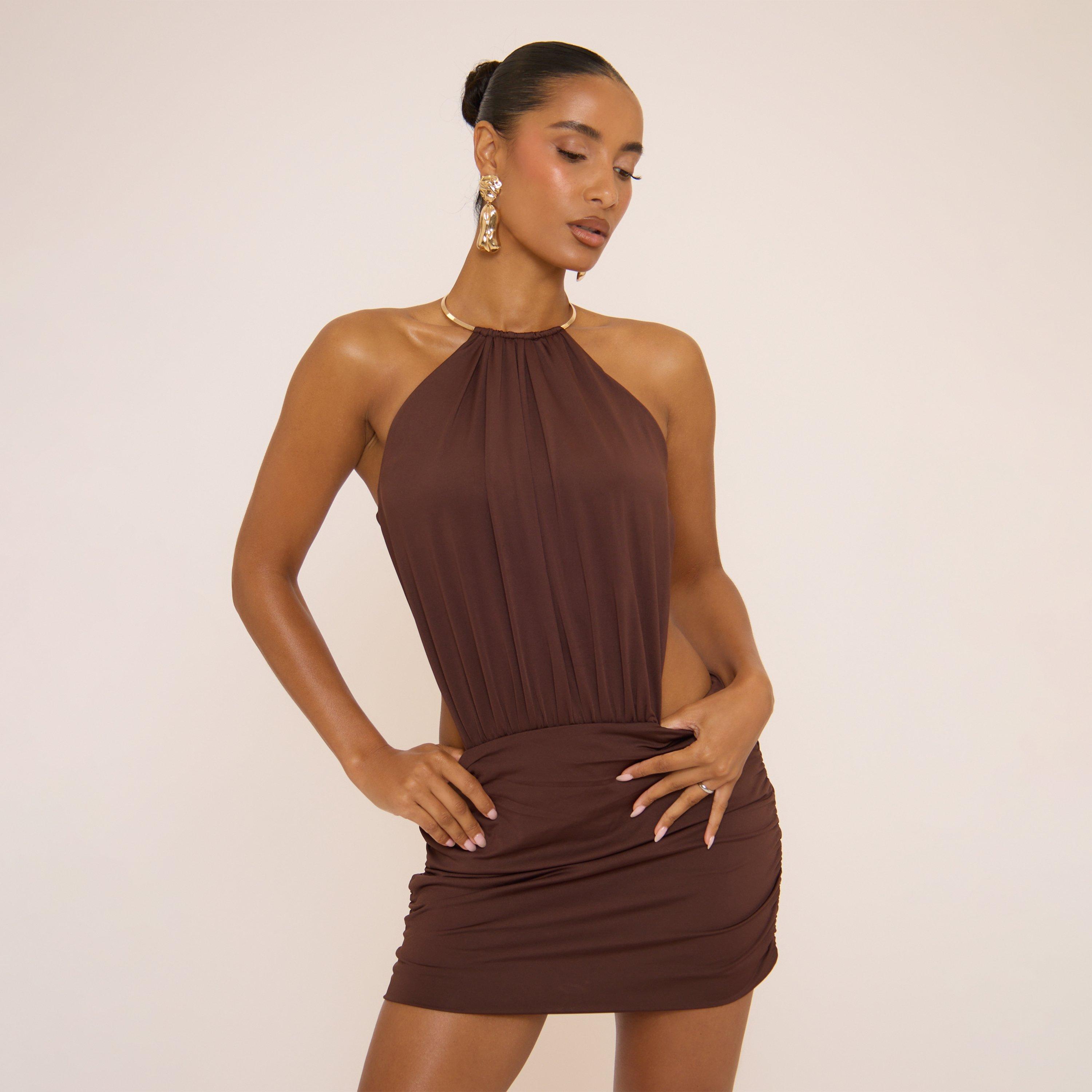 Choker Trim Neckline Open Back Mini Dress In Brown, Women’s