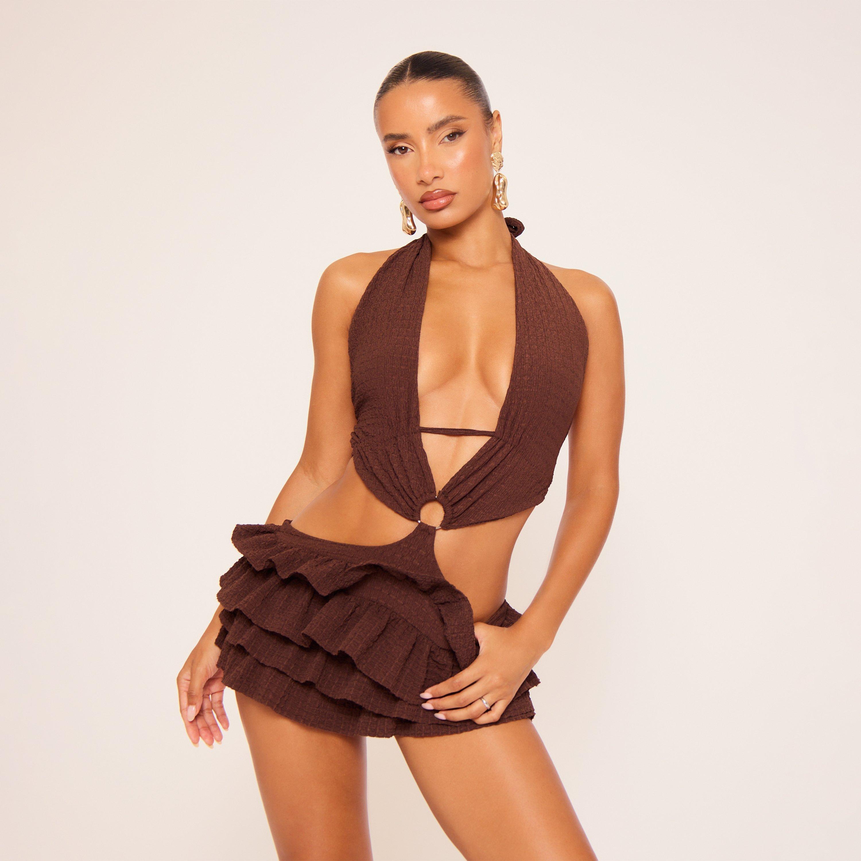 Halterneck Ring Detail Cut Out Playsuit In Brown Texture, Women's Size UK 16