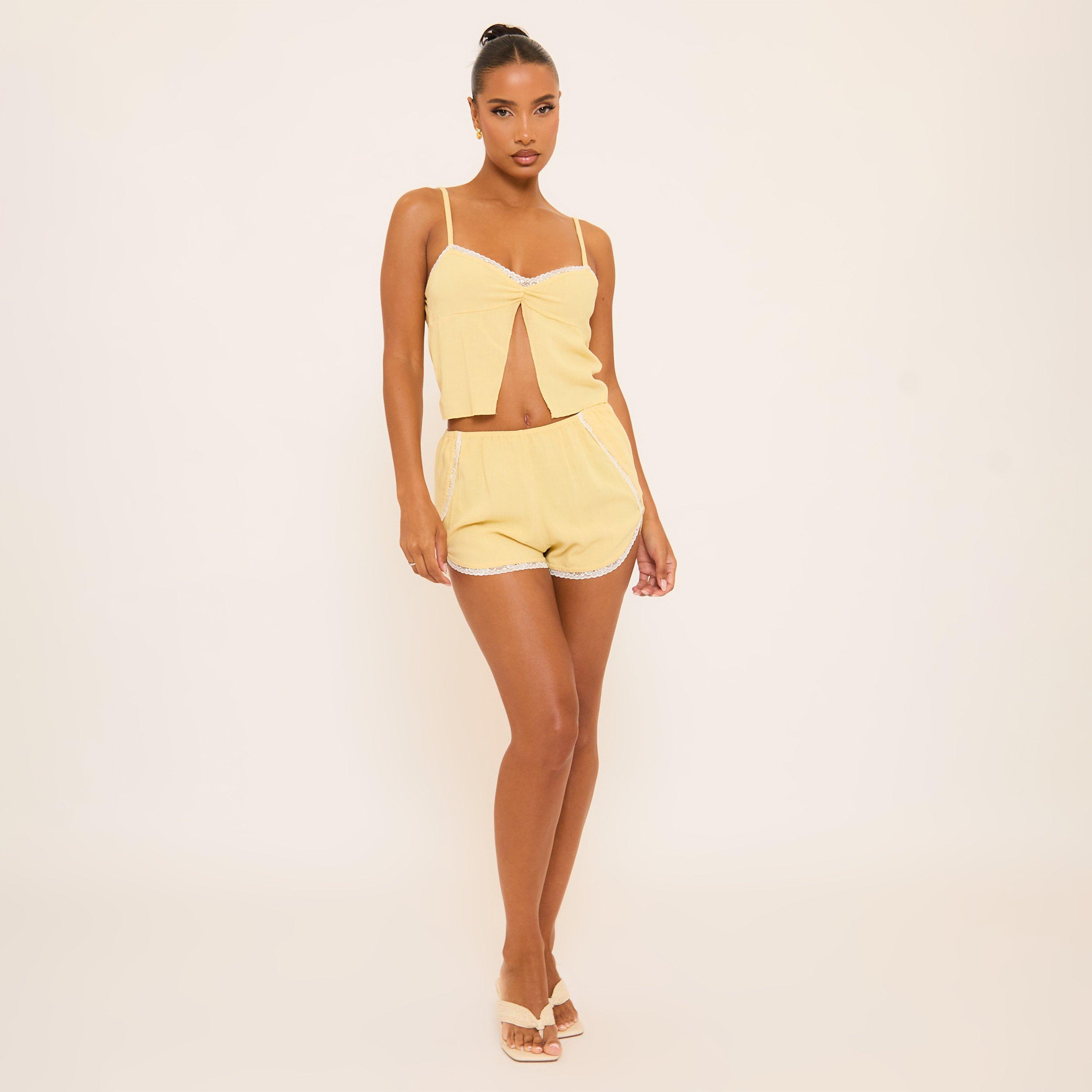 Mid Rise Lace Trim Detail Mini Shorts In Yellow Linen, Women's Size UK 10