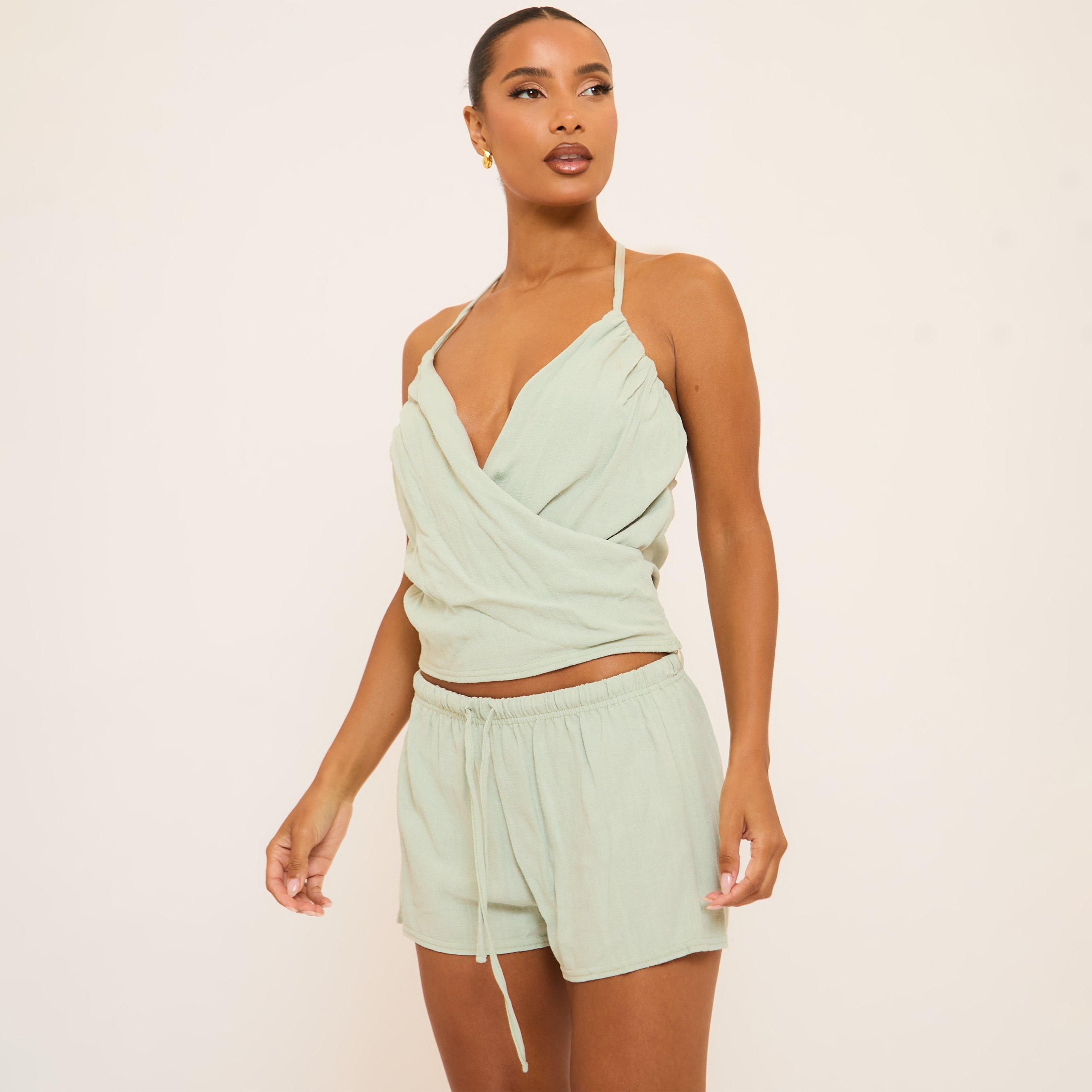 Image of Strappy Wrap Over Front Detail Top In Green Linen, Women's