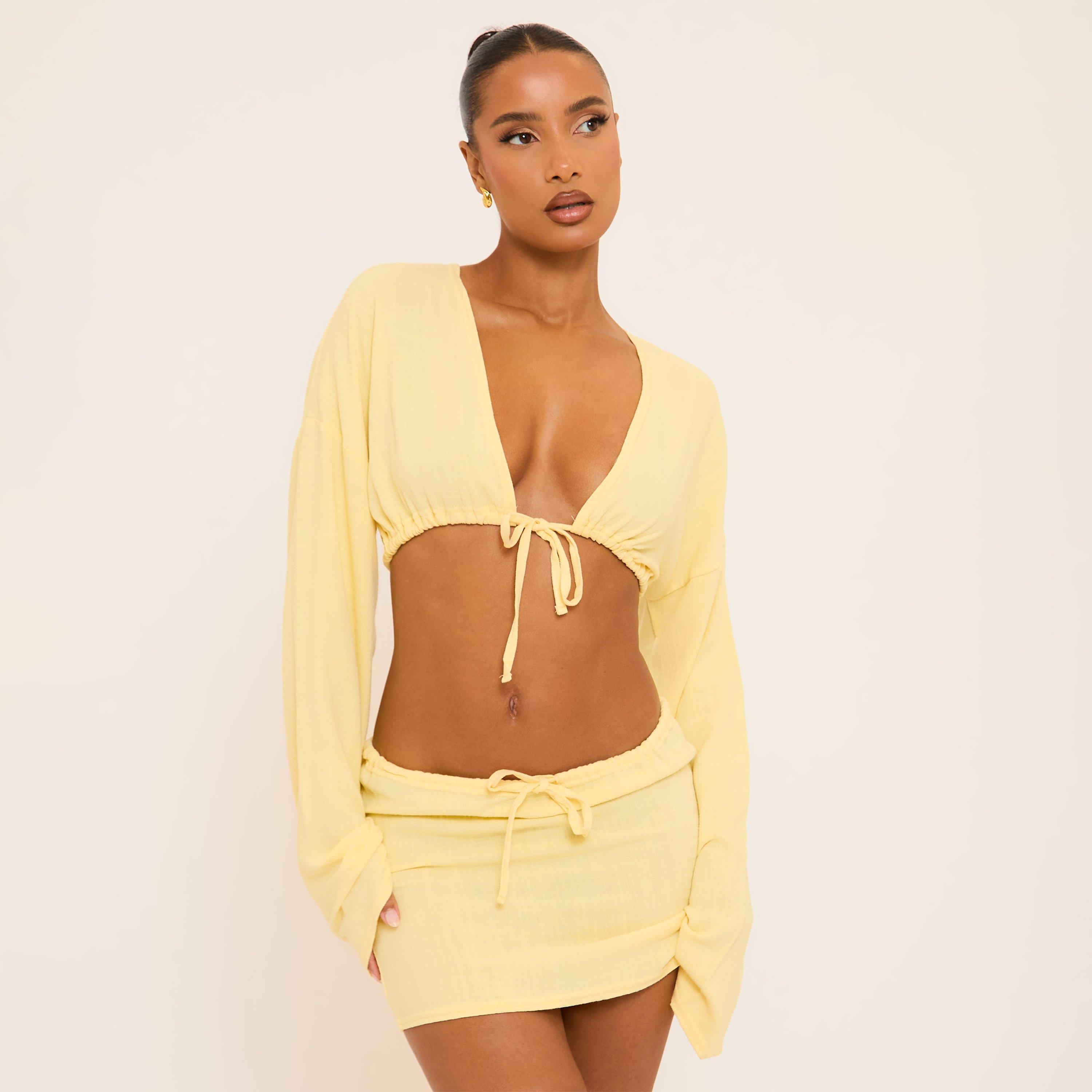 Long Flared Sleeve Tie Front Detail Crop Top In Yellow Linen, Women's Size UK 14