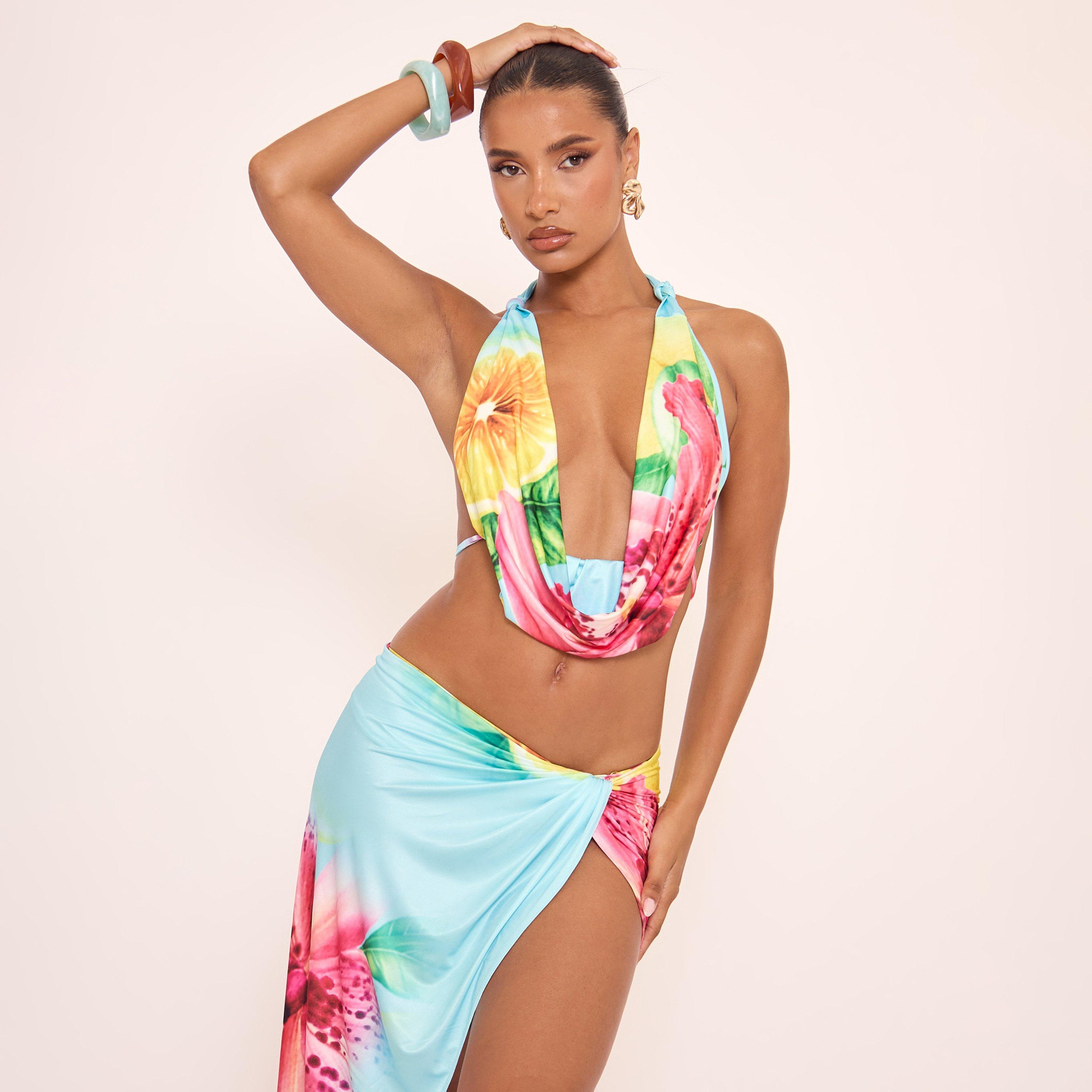 Cowl Halterneck Open Tie Back Detail Crop Top In Multi Abstract Print, Women's Size UK 14