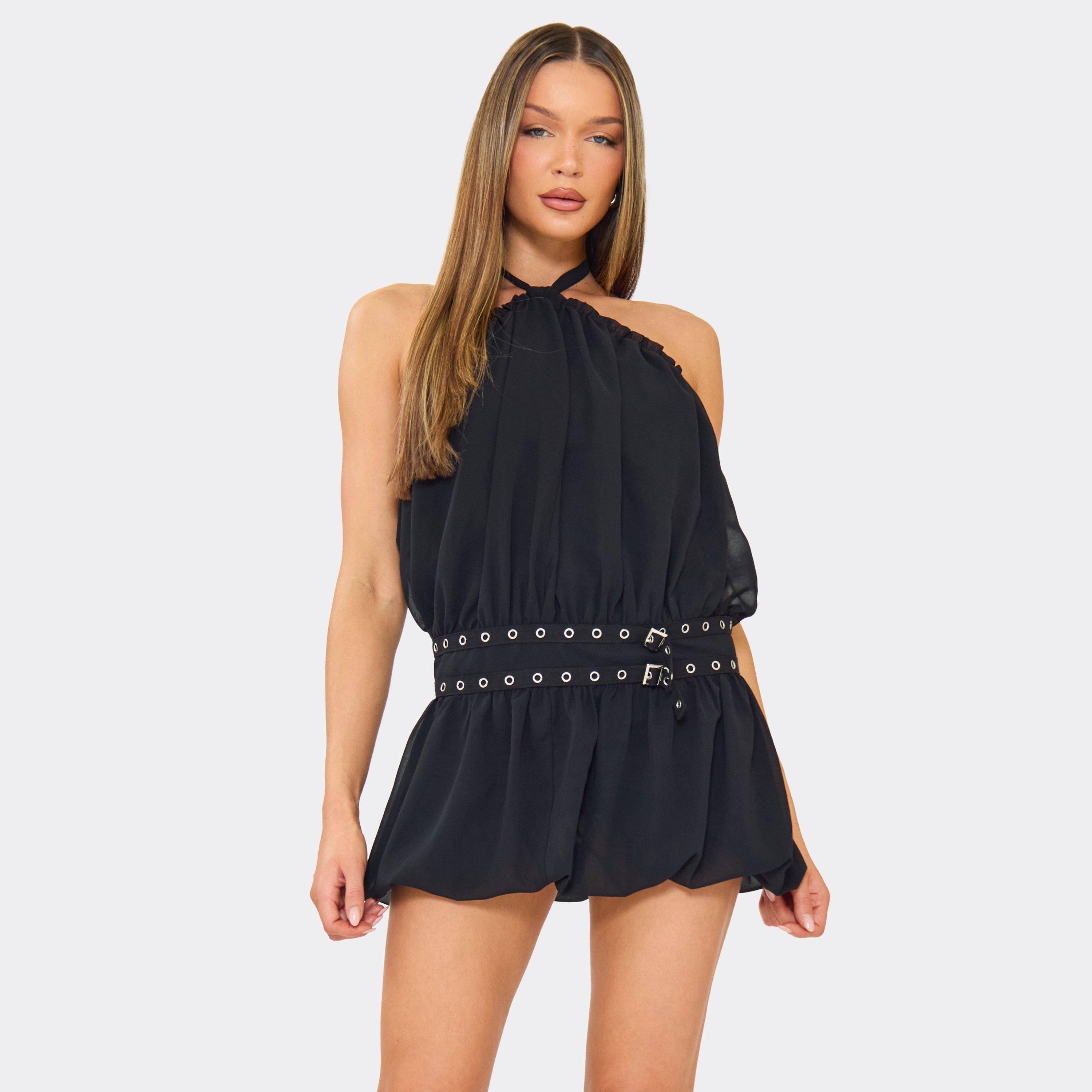 Halterneck Low Back Eyelet Belt Mini Dress In Black, Women's Size UK 6