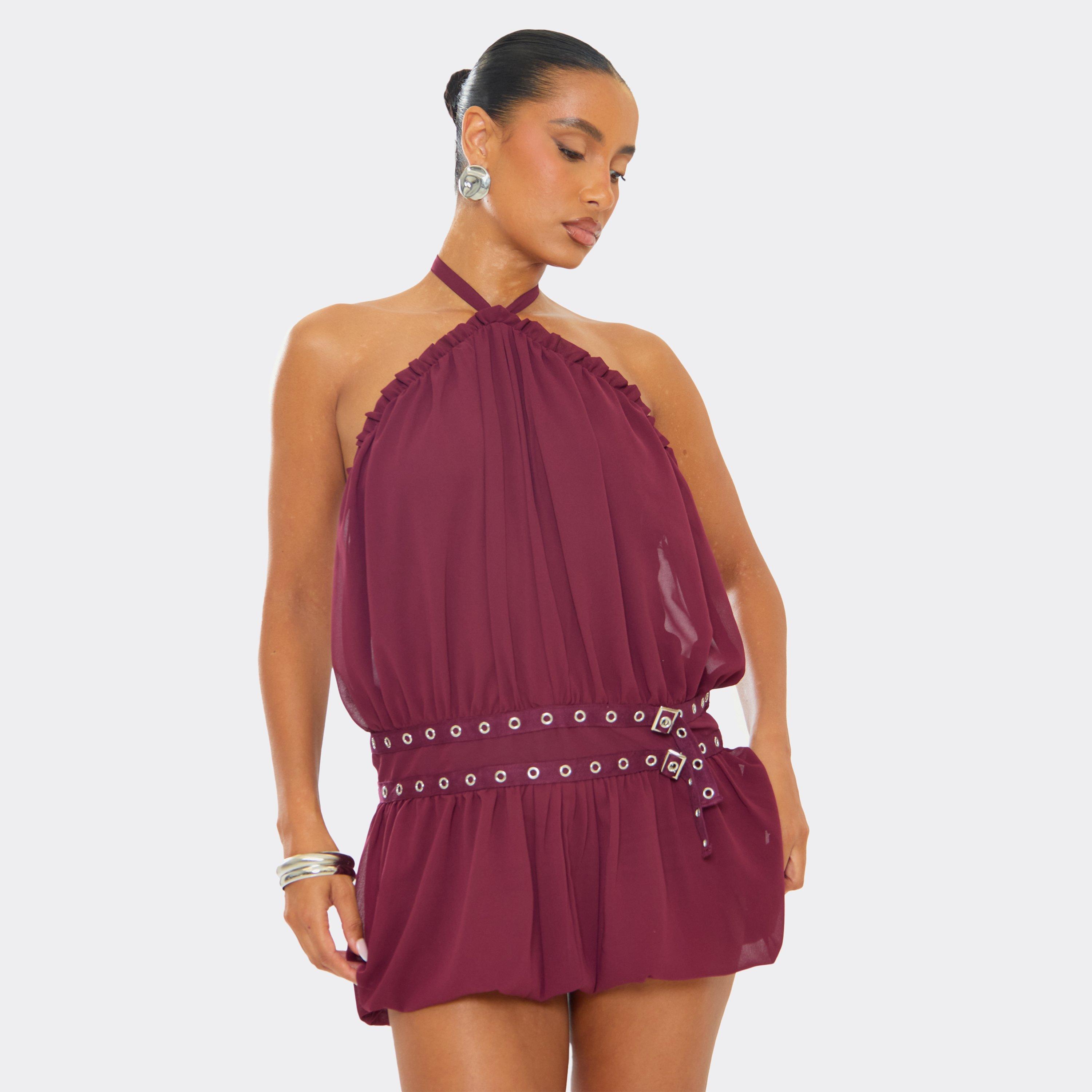 Halterneck Low Back Eyelet Belt Mini Dress In Burgundy, Women’s