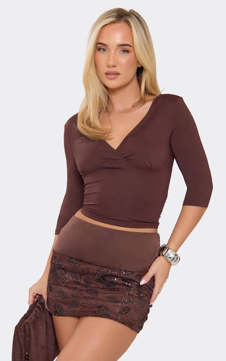 Mid Rise Pocket Detail Mini Skort In Chocolate Brown Denim