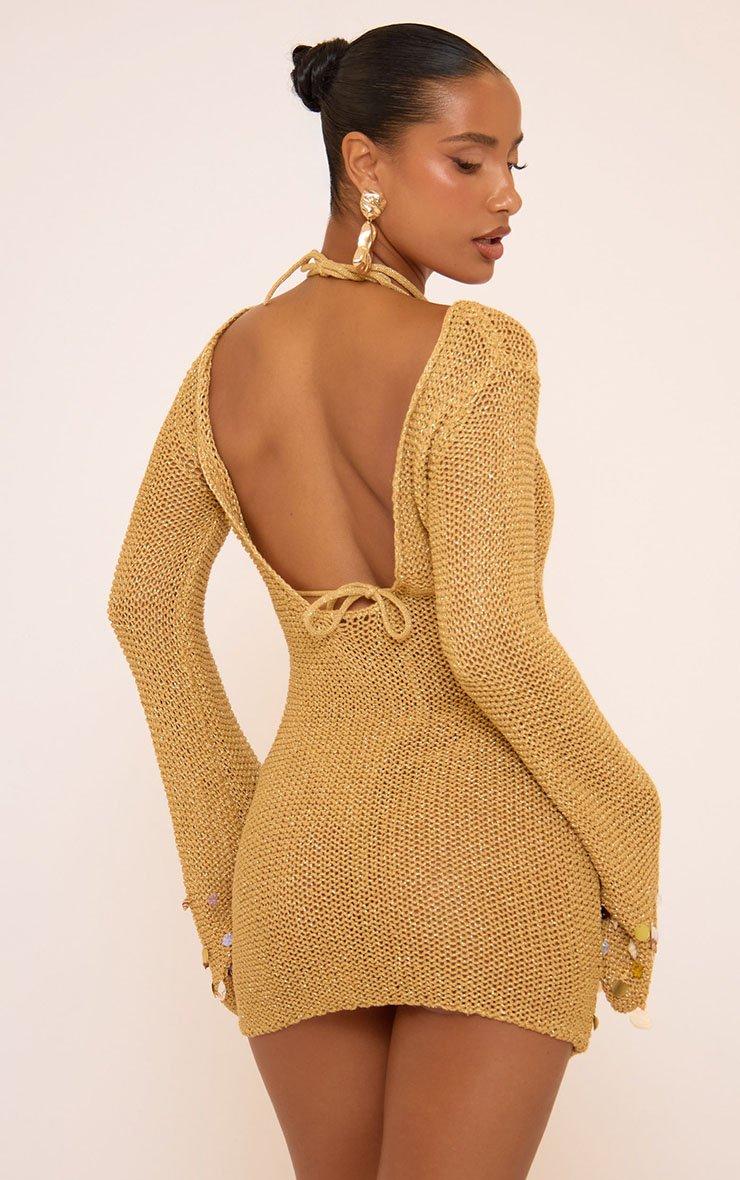 gold sweater dress Montego Mini 74% Viscose Long Sleeve Shell Embellished Mini