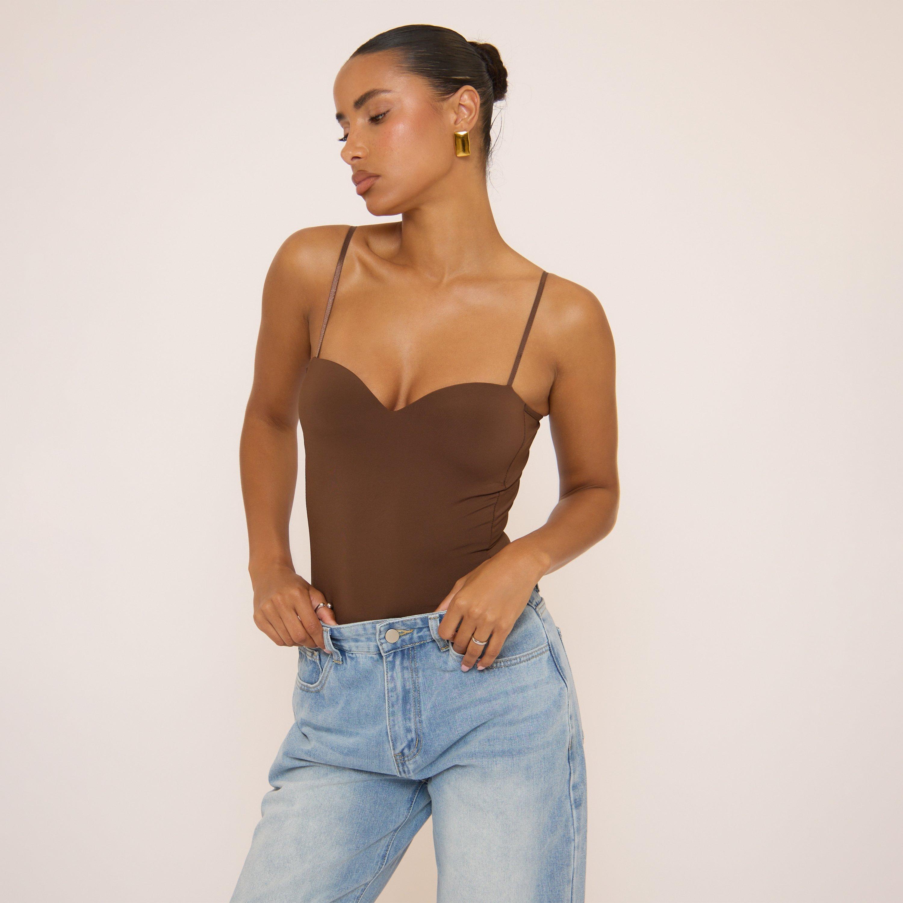 Sweetheart Neckline Strappy Bodysuit In Brown, Women's Size UK 16