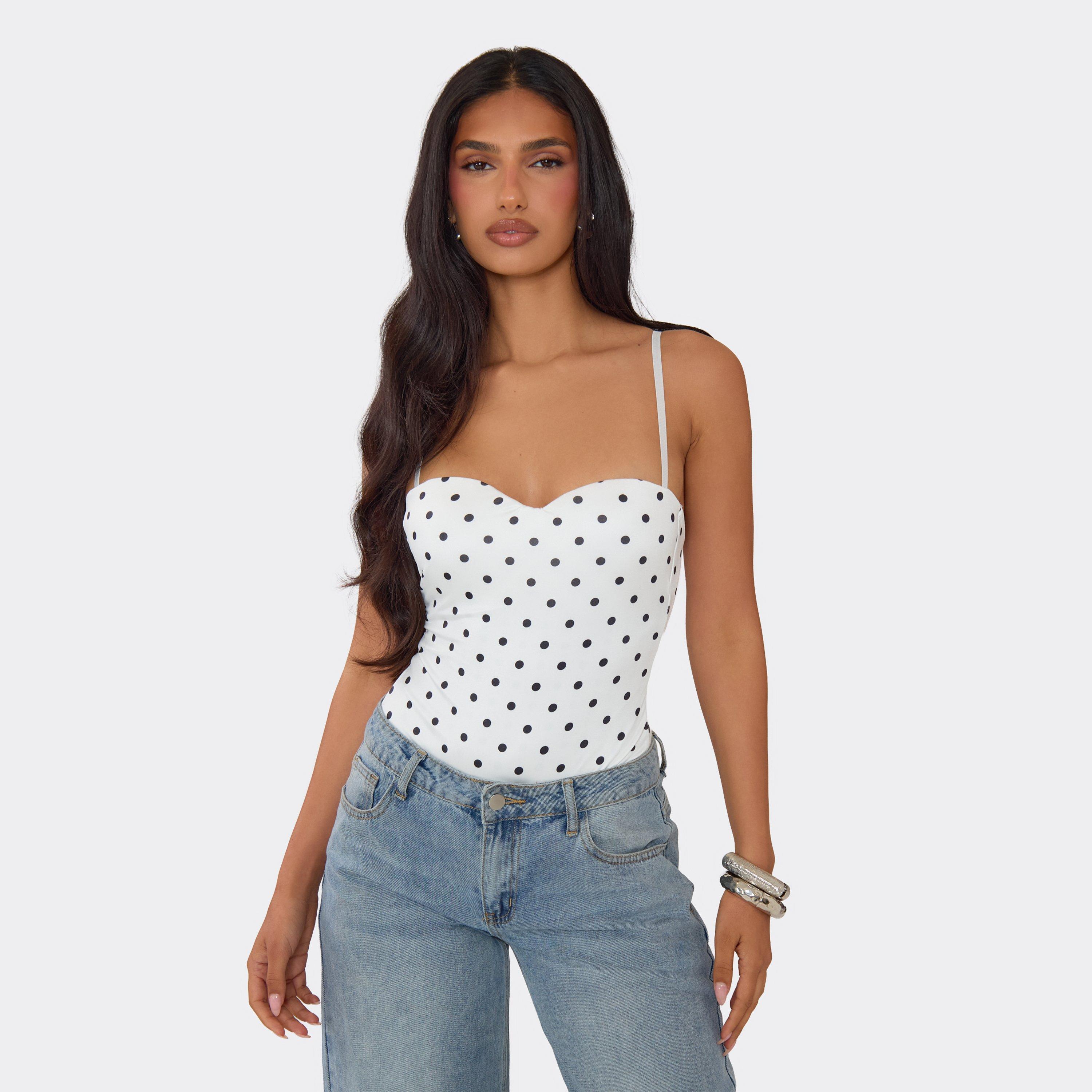 Sweetheart Neck Strappy Bodysuit In White Polka Dot, Women's Size UK 16