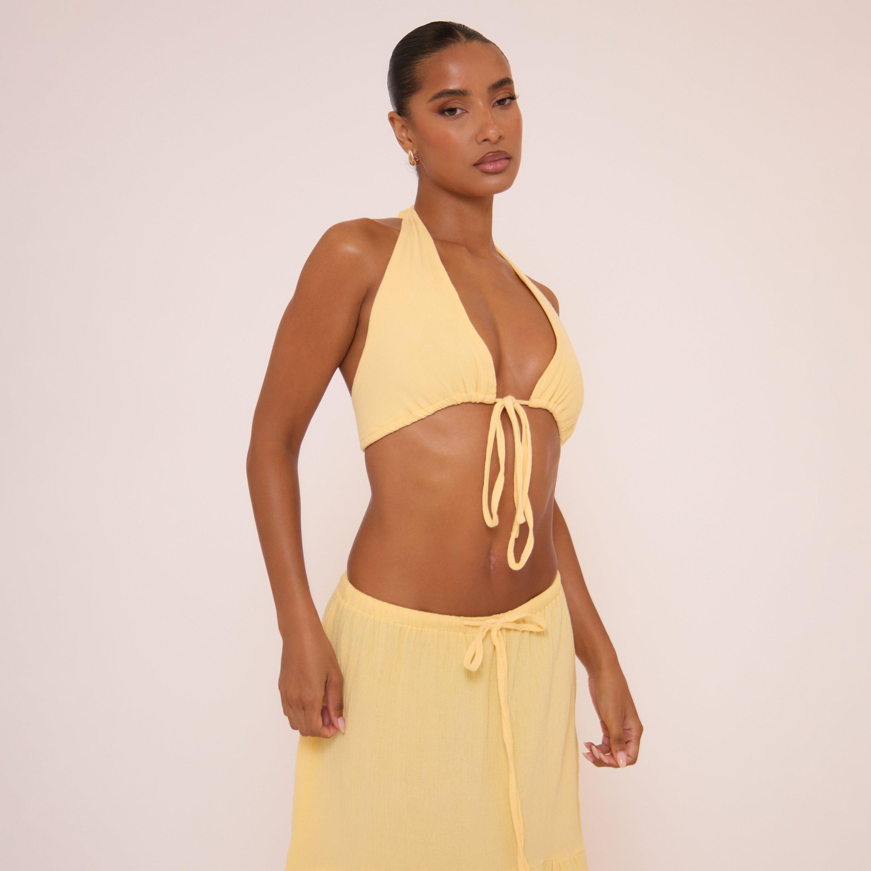 Image of Halterneck Tie Front Crop Top In Yellow, Women's