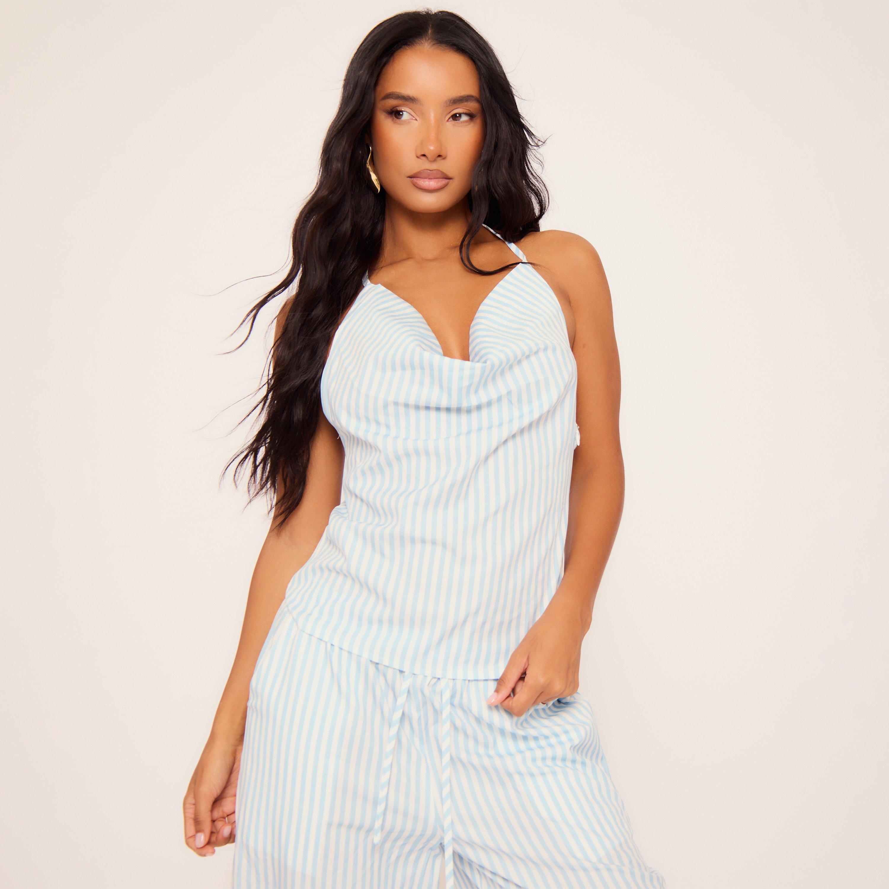 Cowl Neck Strappy Top In Blue Stripe, Women's Size UK 8