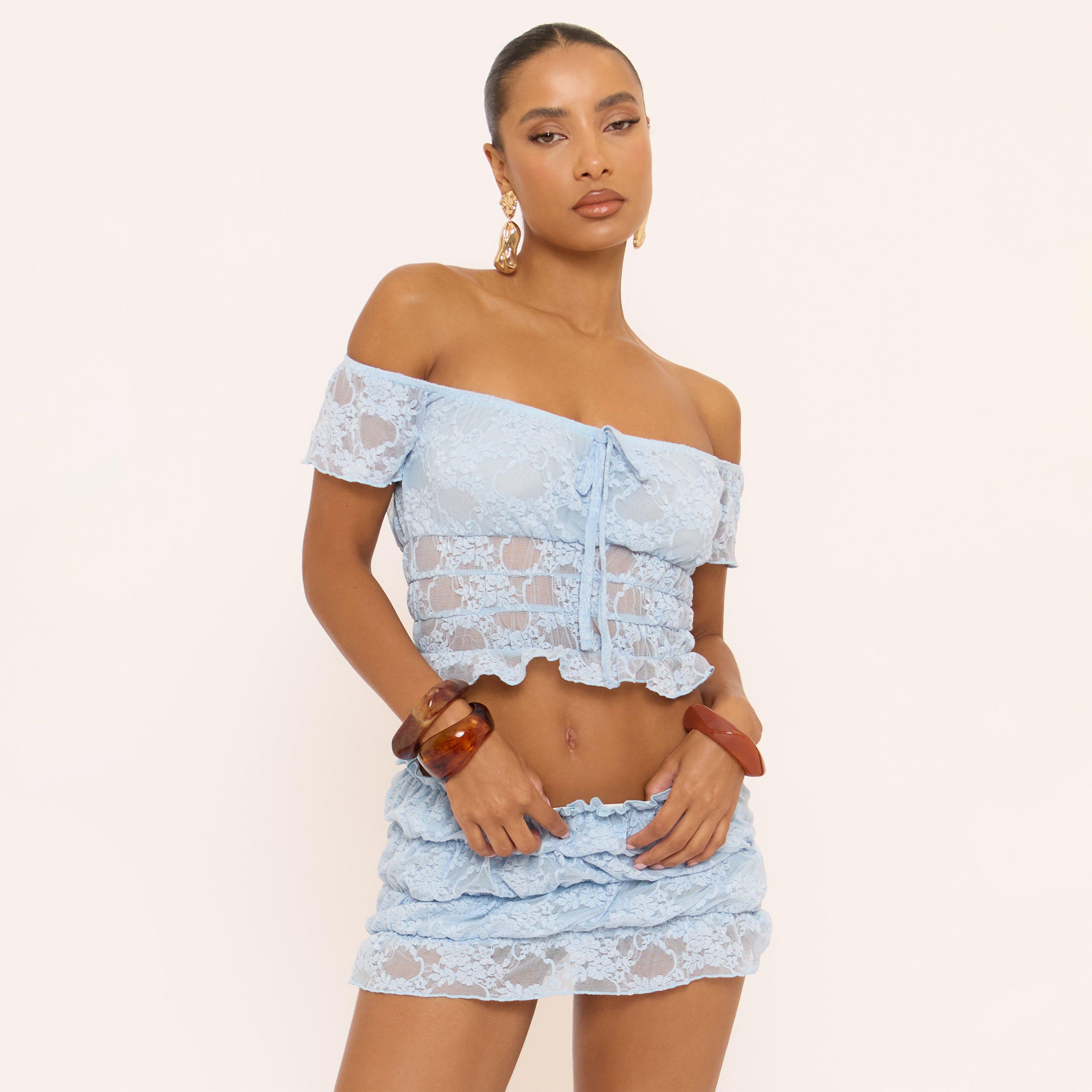 Image of Off The Shoulder Tie Bow Front Top In Blue Shirred Lace, Women's