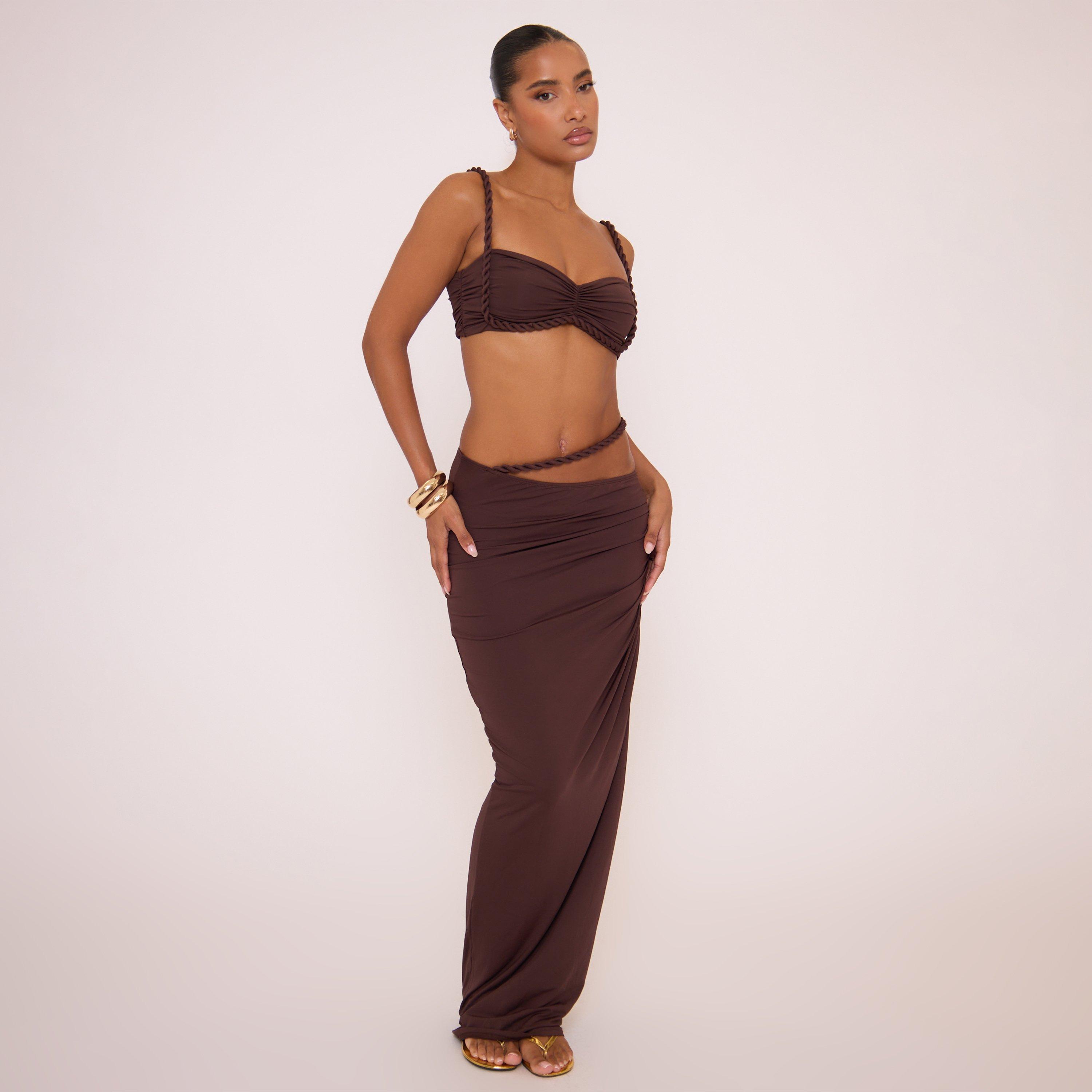 Twisted Strap Ruched Front Bralet Top And Cut Out Detail Maxi Skirt Co-Ord Set In Brown, Women's Size UK L