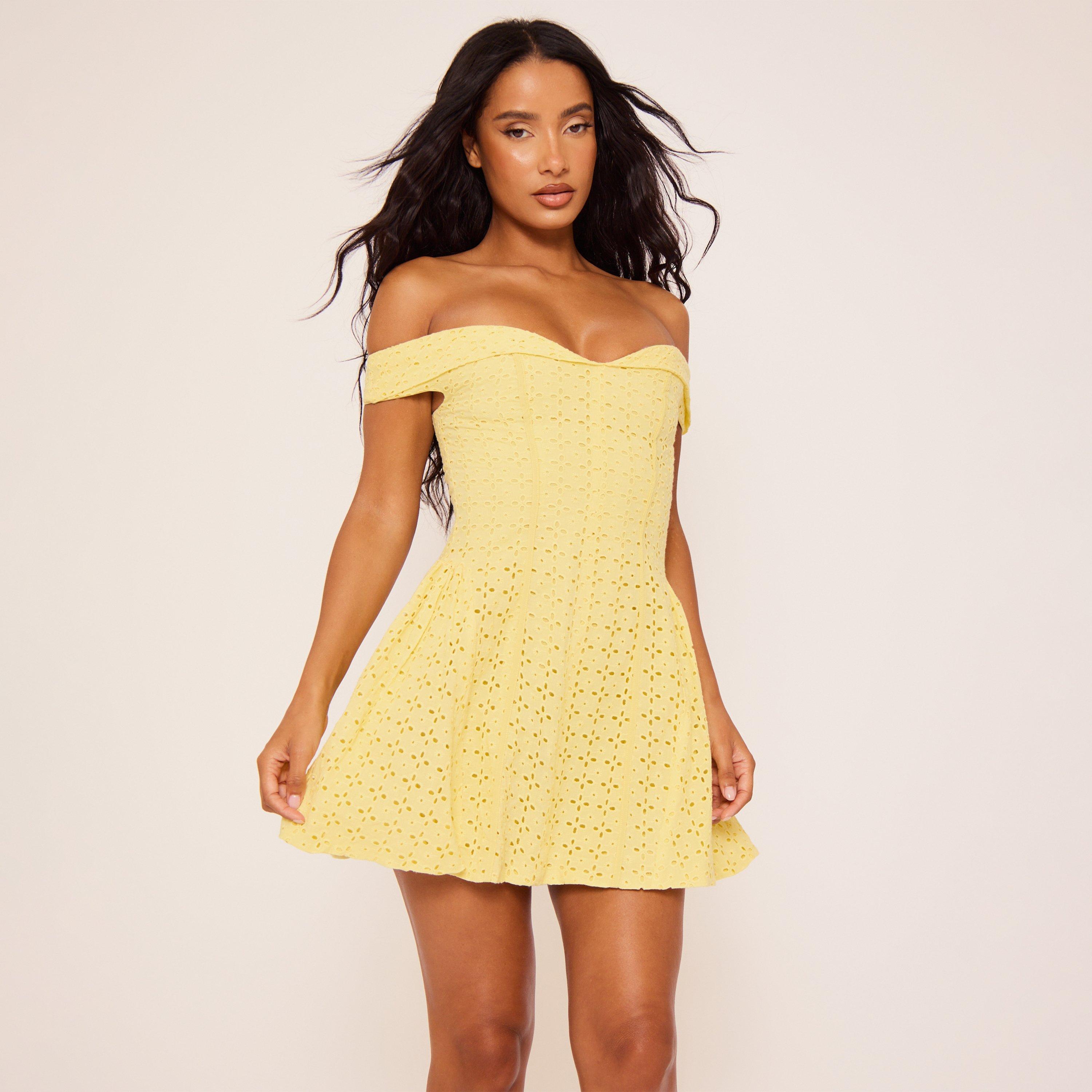 Off The Shoulder Skater Mini Dress In Yellow Broderie, Women's Size UK 10